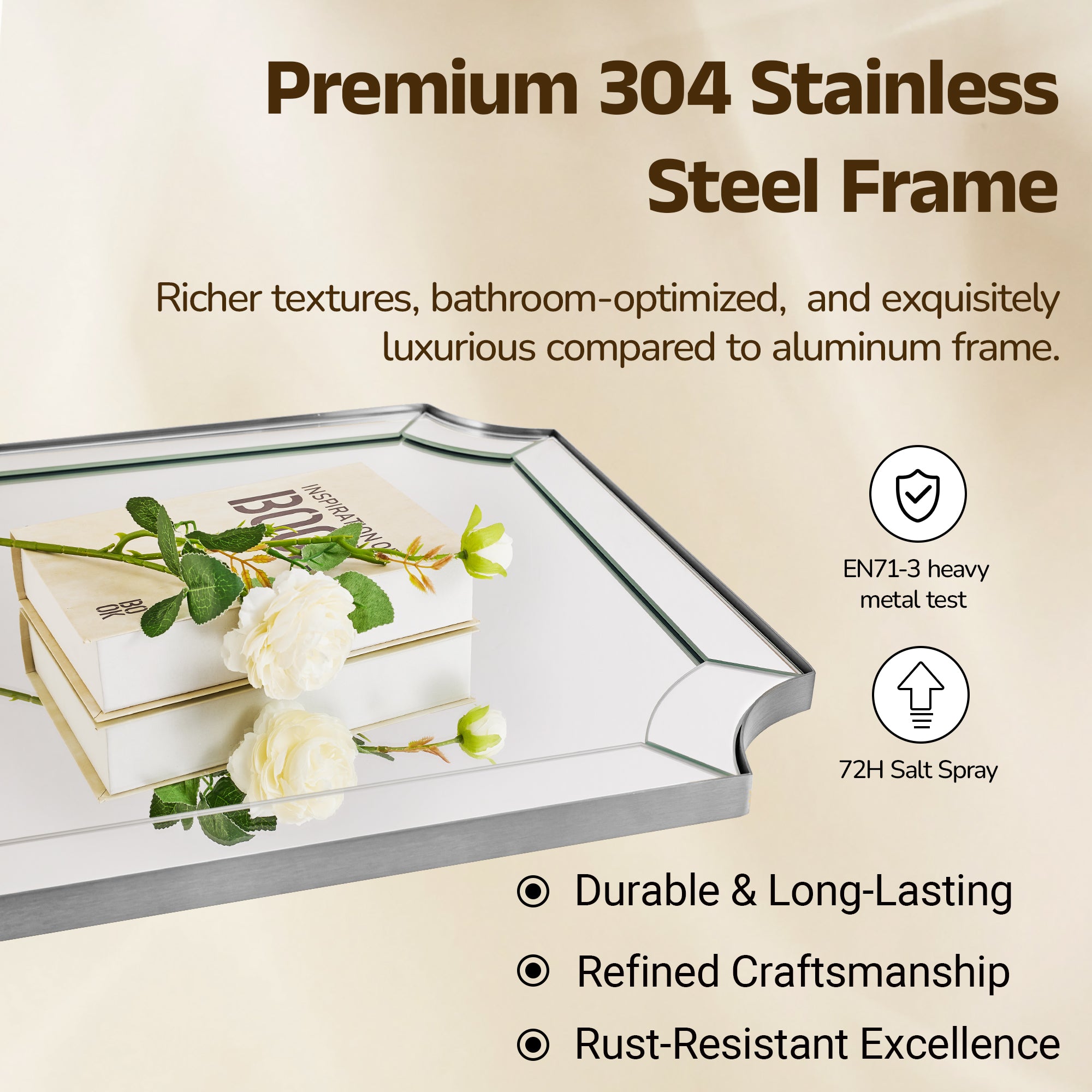 Minuette Glass Tiles Edge Scalloped Bathroom Vanity Mirrors | Stainless Steel Frame