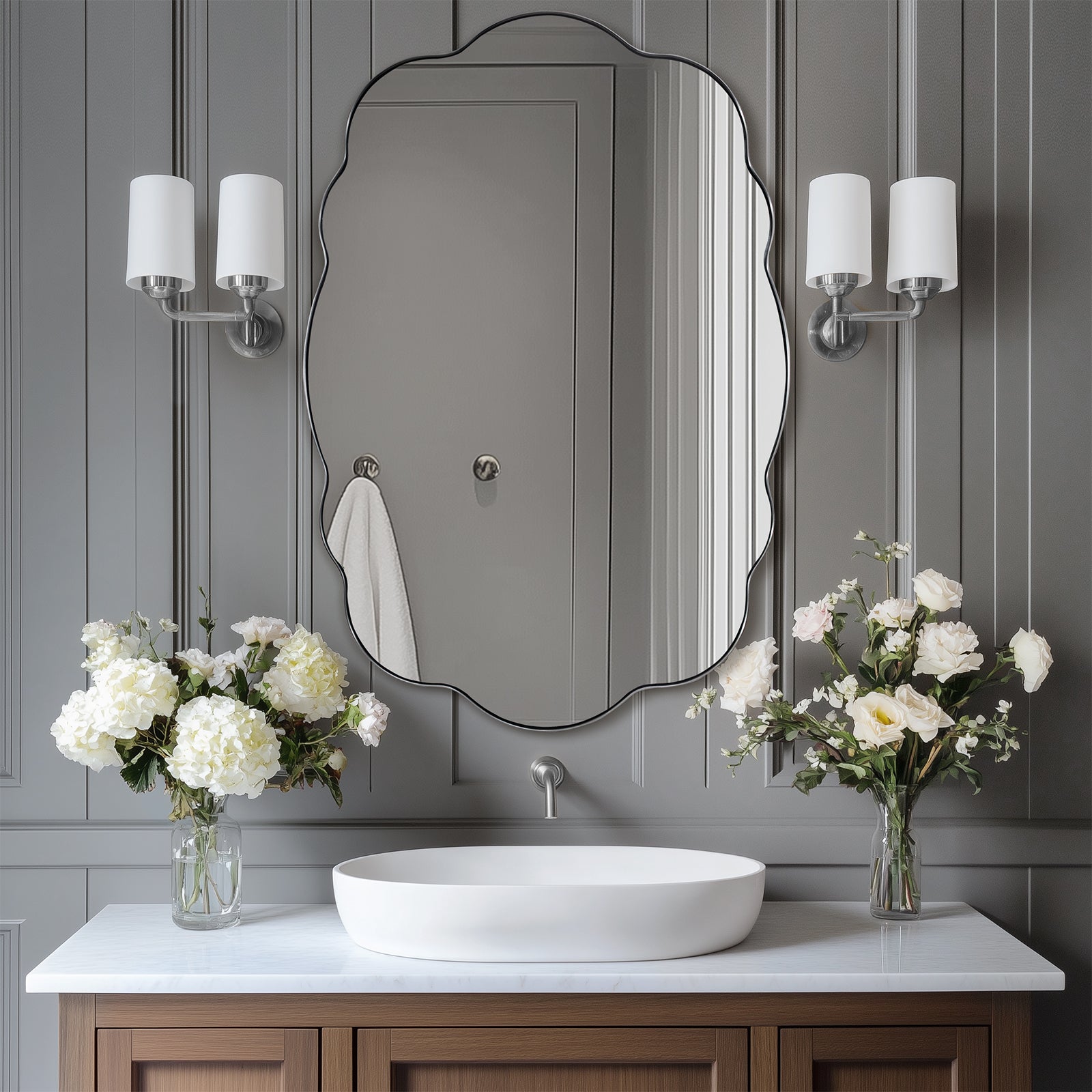 Contemporary Wavy Oval Scalloped Bathroom Vanity Mirror Irregular Organic Mirror| Stainless Steel Framed
