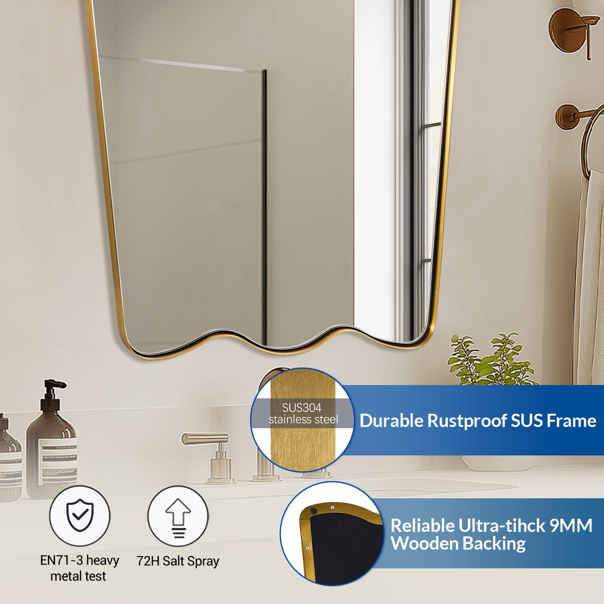 Contemporary Tapered Wavy Scalloped Bathroom Vanity Mirror | Stainless Steel Framed