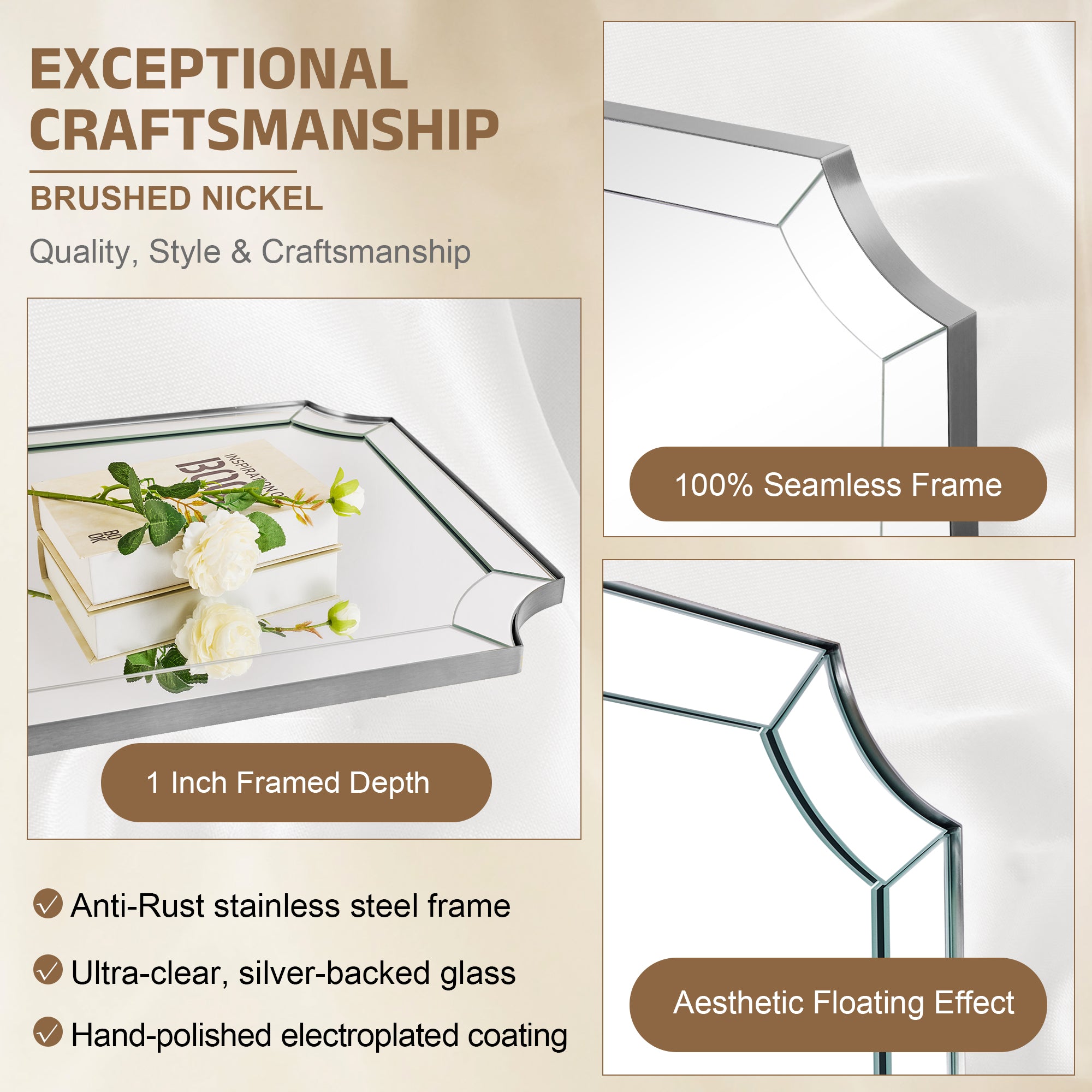 Minuette Glass Tiles Edge Scalloped Bathroom Vanity Mirrors | Stainless Steel Frame