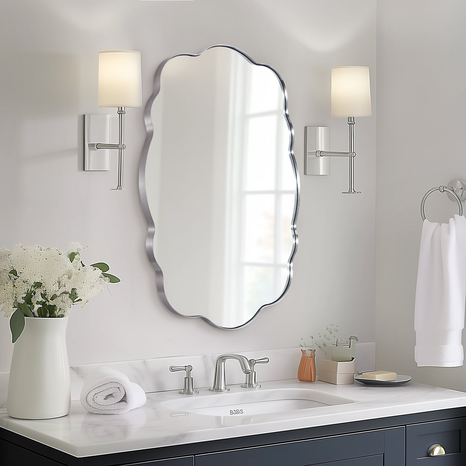 Open Box Like New:Contemporary Wavy Oval Scalloped Bathroom Vanity Mirror | Stainless Steel Framed