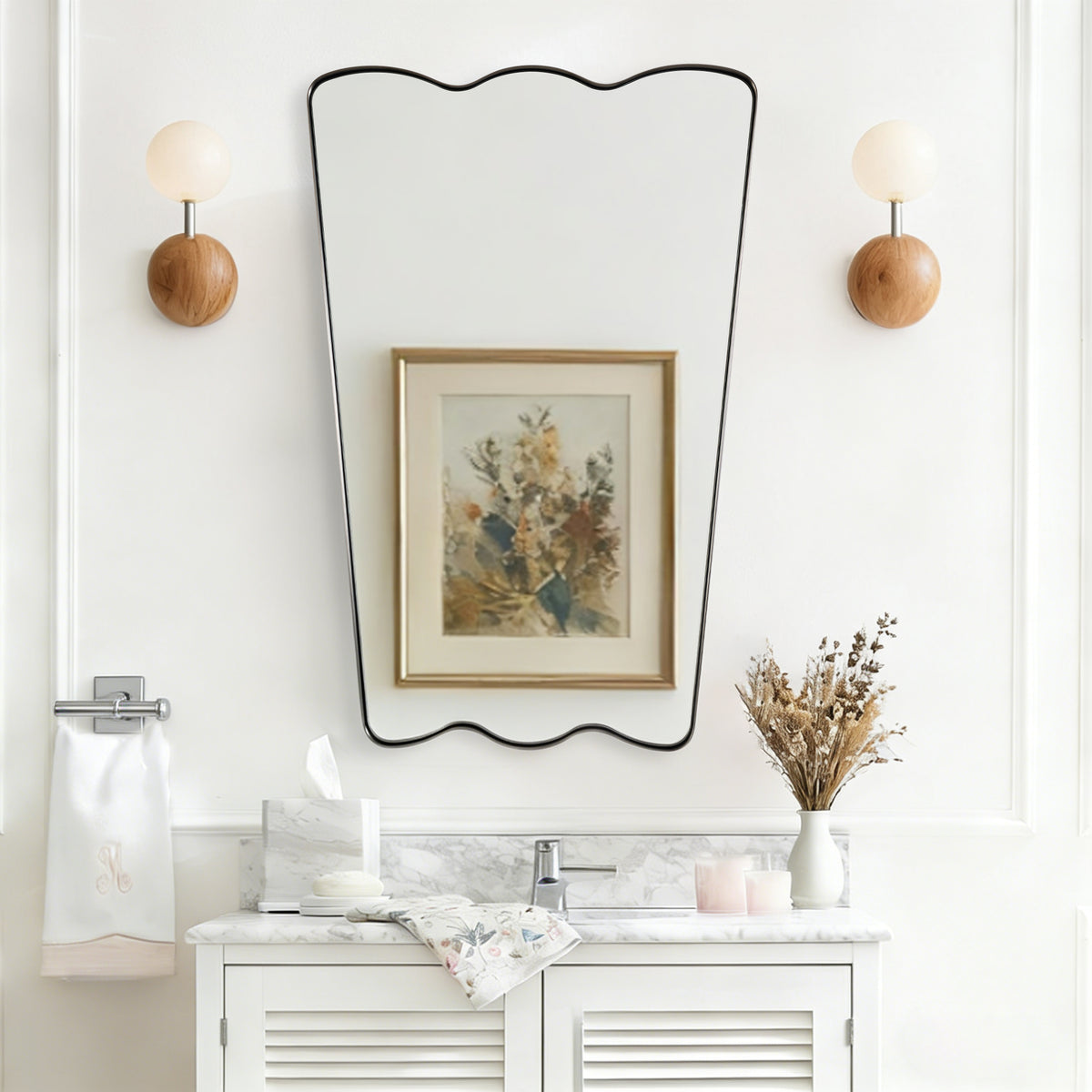 Trapezoidal Wavy Scalloped Bathroom Vanity Mirror | Stainless Steel Framed