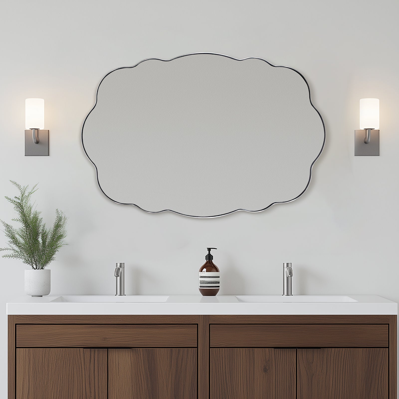 Contemporary Wavy Oval Scalloped Bathroom Vanity Mirror Irregular Organic Mirror| Stainless Steel Framed