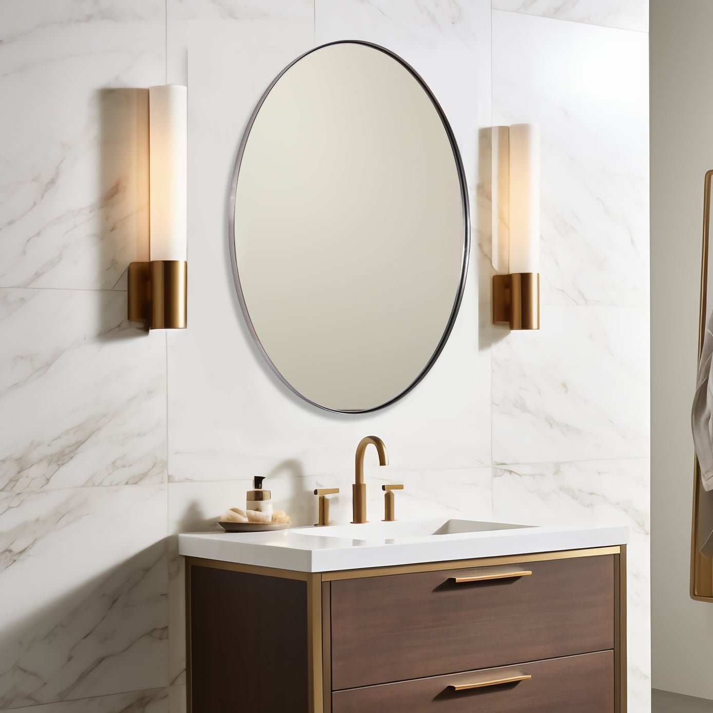 Open Box Like New: Modern Oval Wall Mounted Mirror for Bathroom Living Room | Stainless Steel Framed