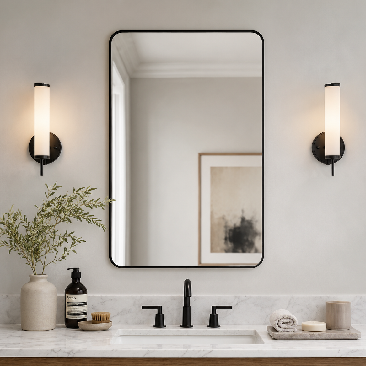 Modern Rounded Rectangle Mirror for Bathroom/ Vanity/ Wall | Stainless Steel Frame