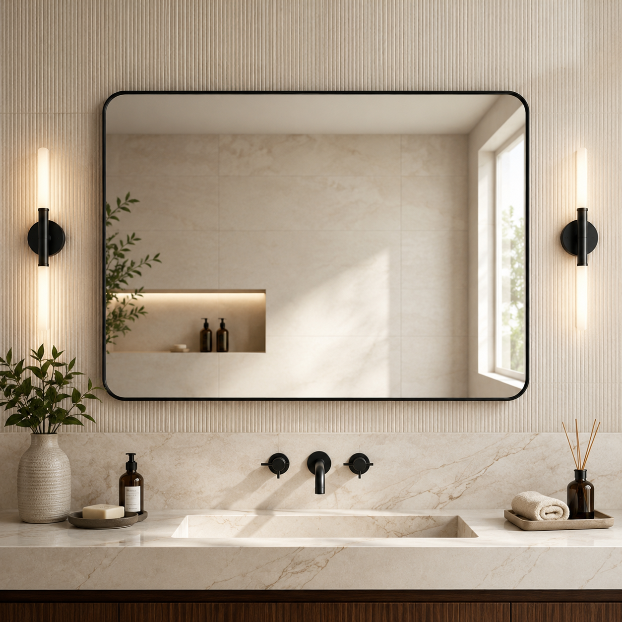 Modern Rounded Rectangle Mirror for Bathroom/ Vanity/ Wall | Stainless Steel Frame