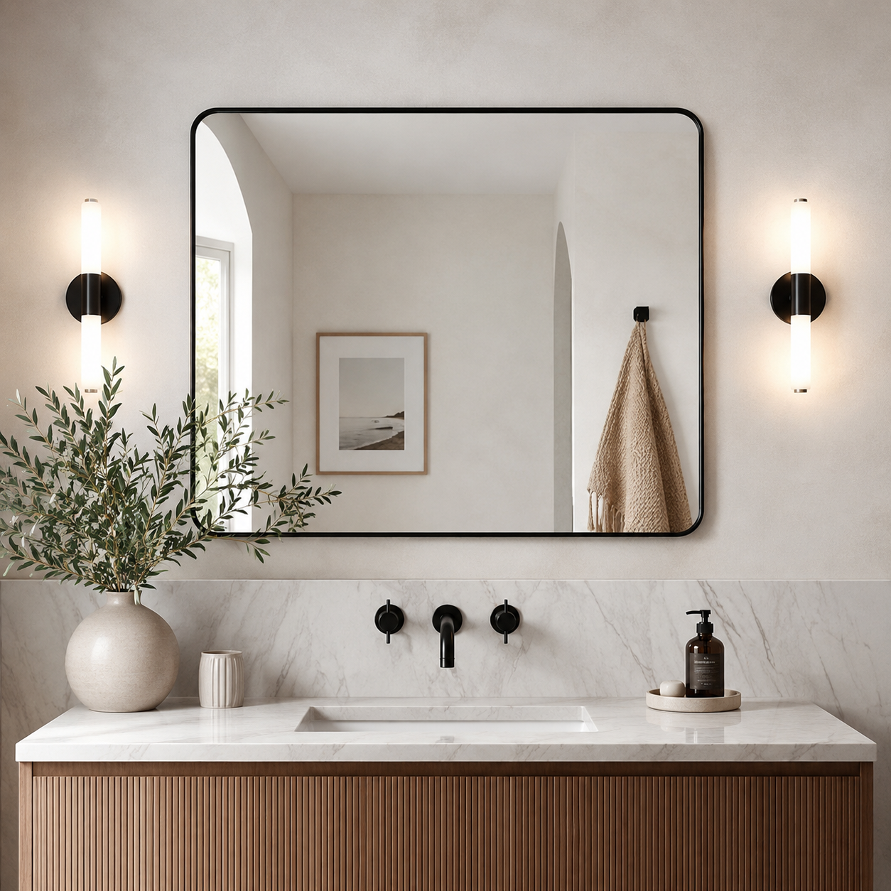 Modern Rounded Rectangle Mirror for Bathroom/ Vanity/ Wall | Stainless Steel Frame