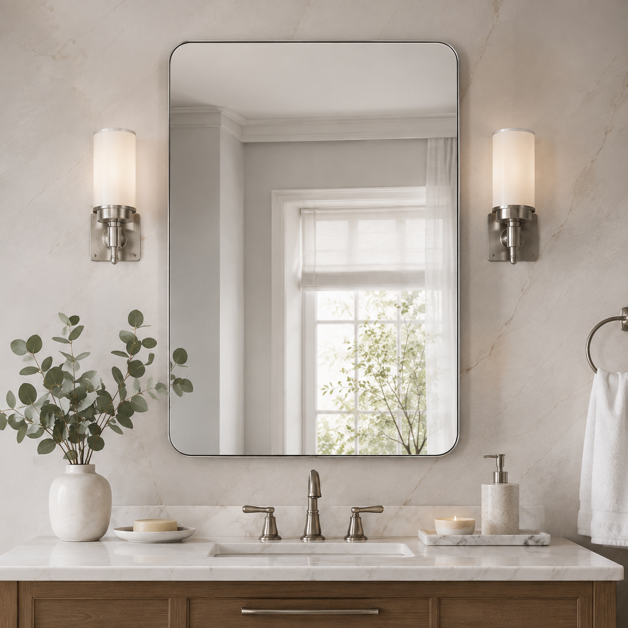 Modern Rounded Rectangle Mirror for Bathroom/ Vanity/ Wall | Stainless Steel Frame
