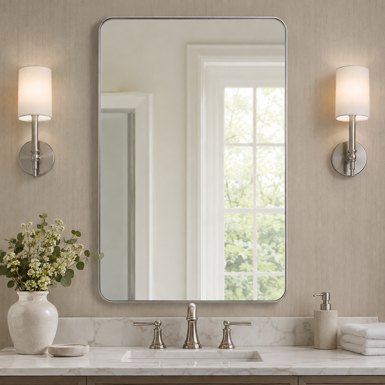 Modern Rounded Rectangle Mirror for Bathroom/ Vanity/ Wall | Stainless Steel Frame