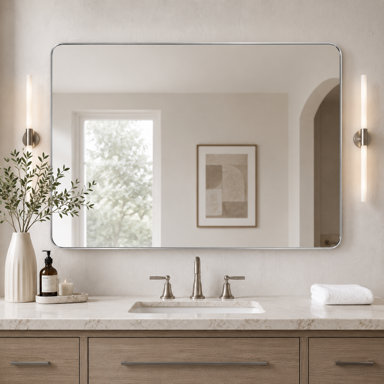 Modern Rounded Rectangle Mirror for Bathroom/ Vanity/ Wall | Stainless Steel Frame