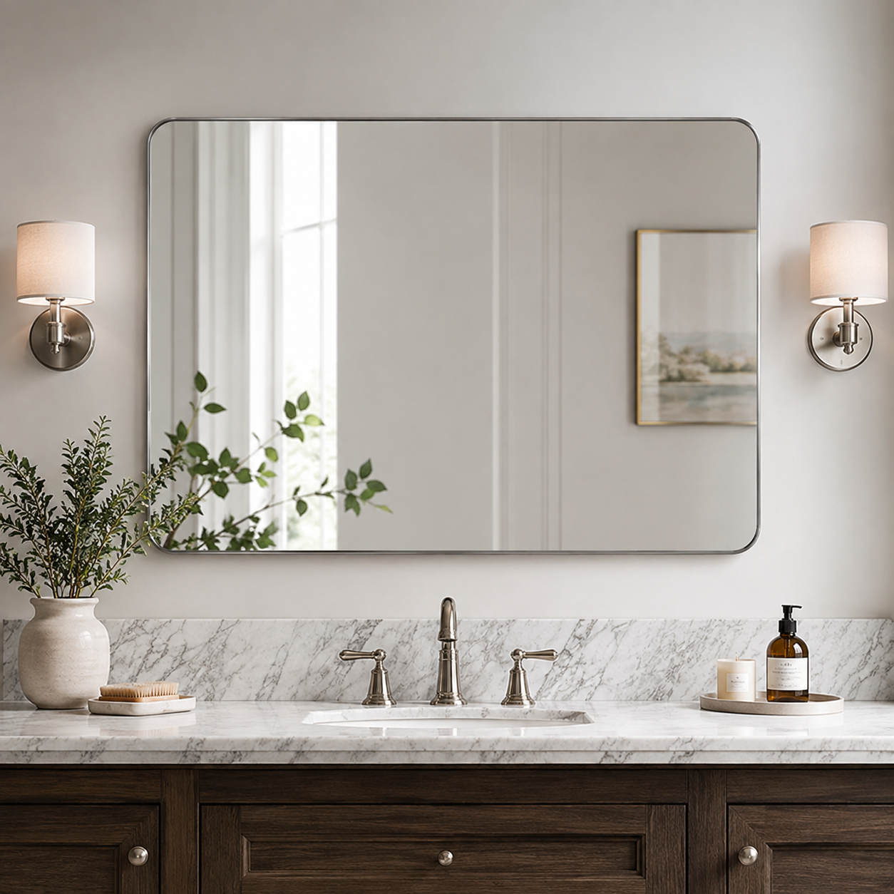 Modern Rounded Rectangle Mirror for Bathroom/ Vanity/ Wall | Stainless Steel Frame