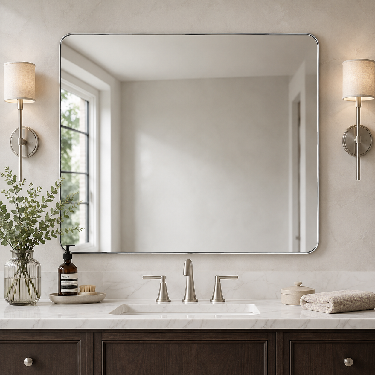 Modern Rounded Rectangle Mirror for Bathroom/ Vanity/ Wall | Stainless Steel Frame
