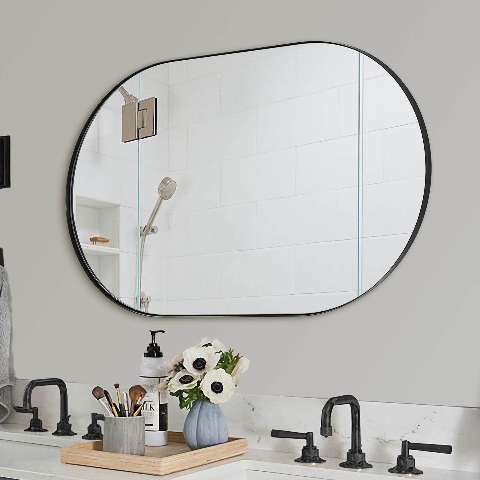 Modern Pill Shaped Capsule Wall Mirrors Long Oval Bathroom Vanity Mirror | Stainless Steel Frame