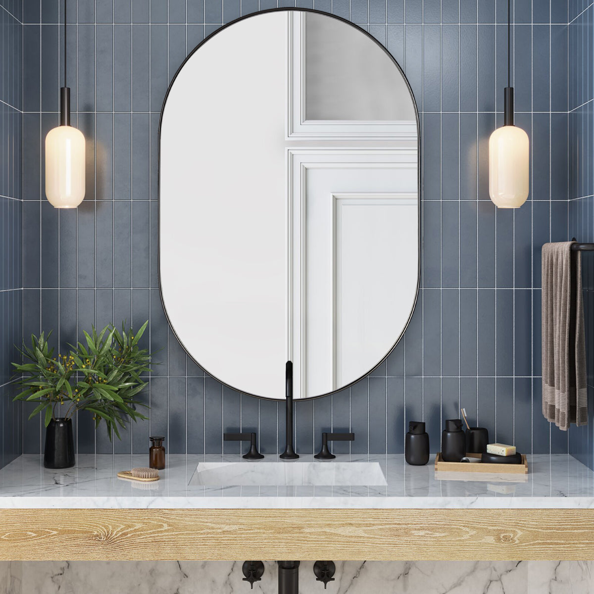 Modern Pill Shaped Capsule Wall Mirrors Long Oval Bathroom Vanity Mirror | Stainless Steel Frame