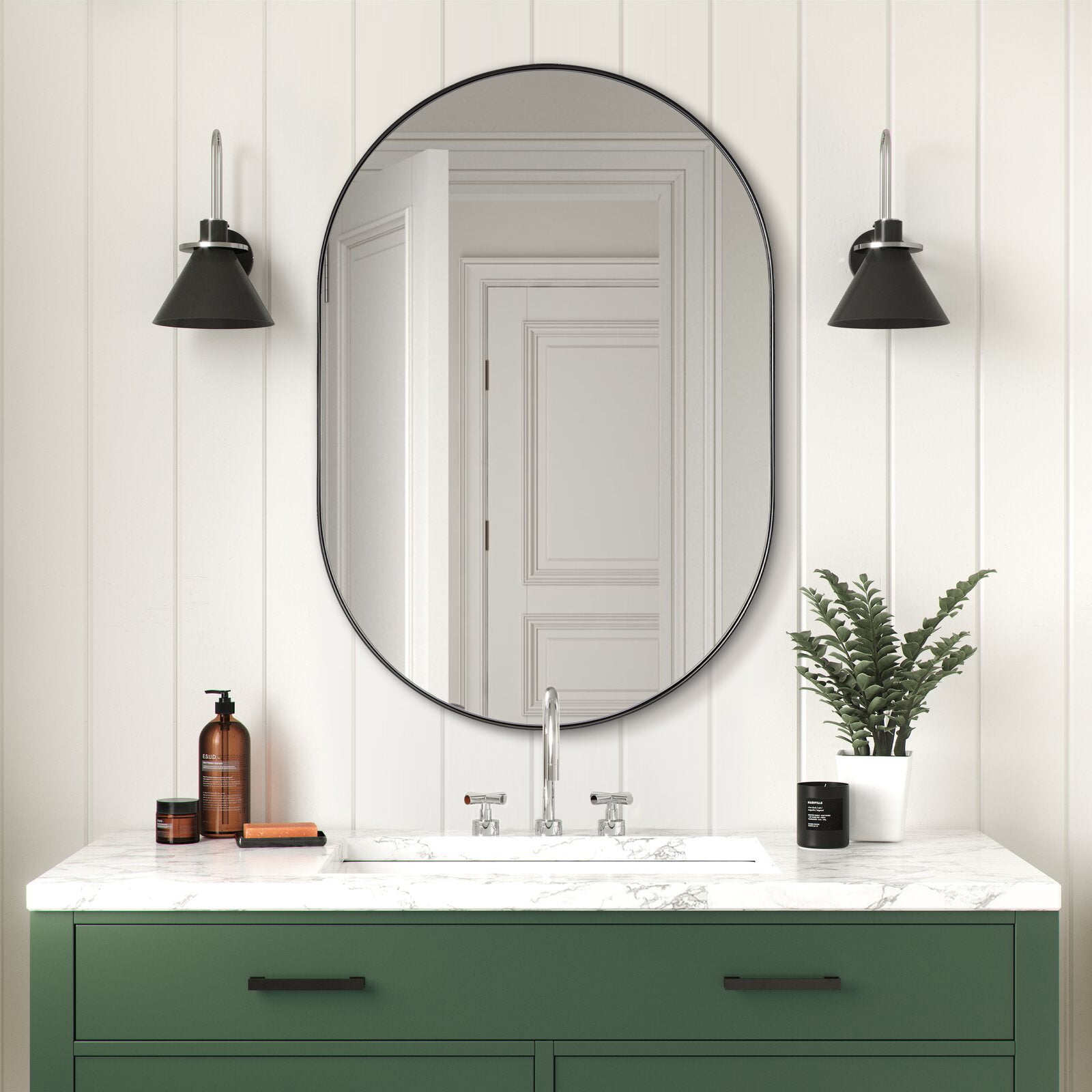 Modern Long Oval Mirror Pill Shaped Capsule Wall Mirrors | Stainless Steel Frame