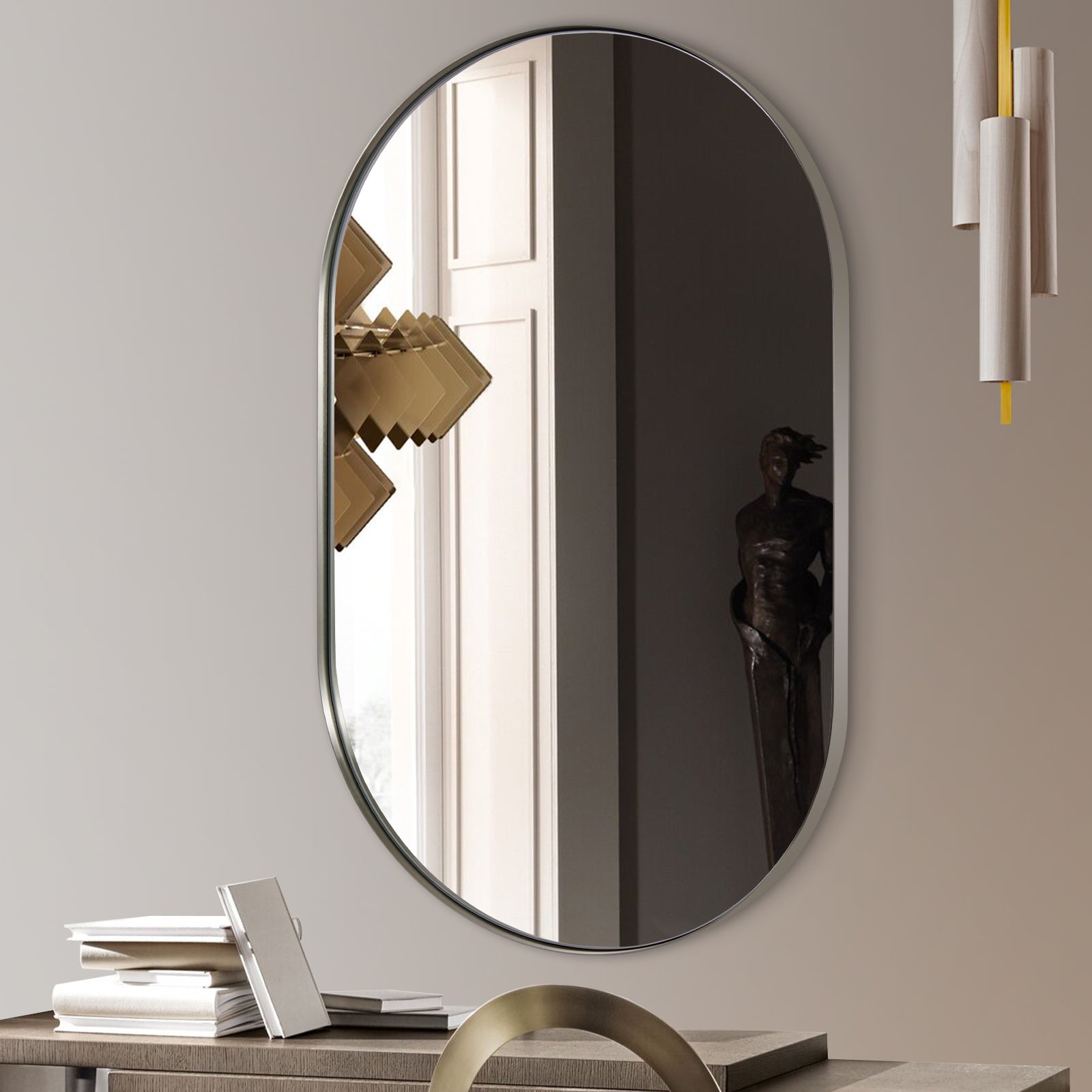 Modern Pill Shaped Capsule Wall Mirrors Long Oval Bathroom Vanity Mirror | Stainless Steel Frame