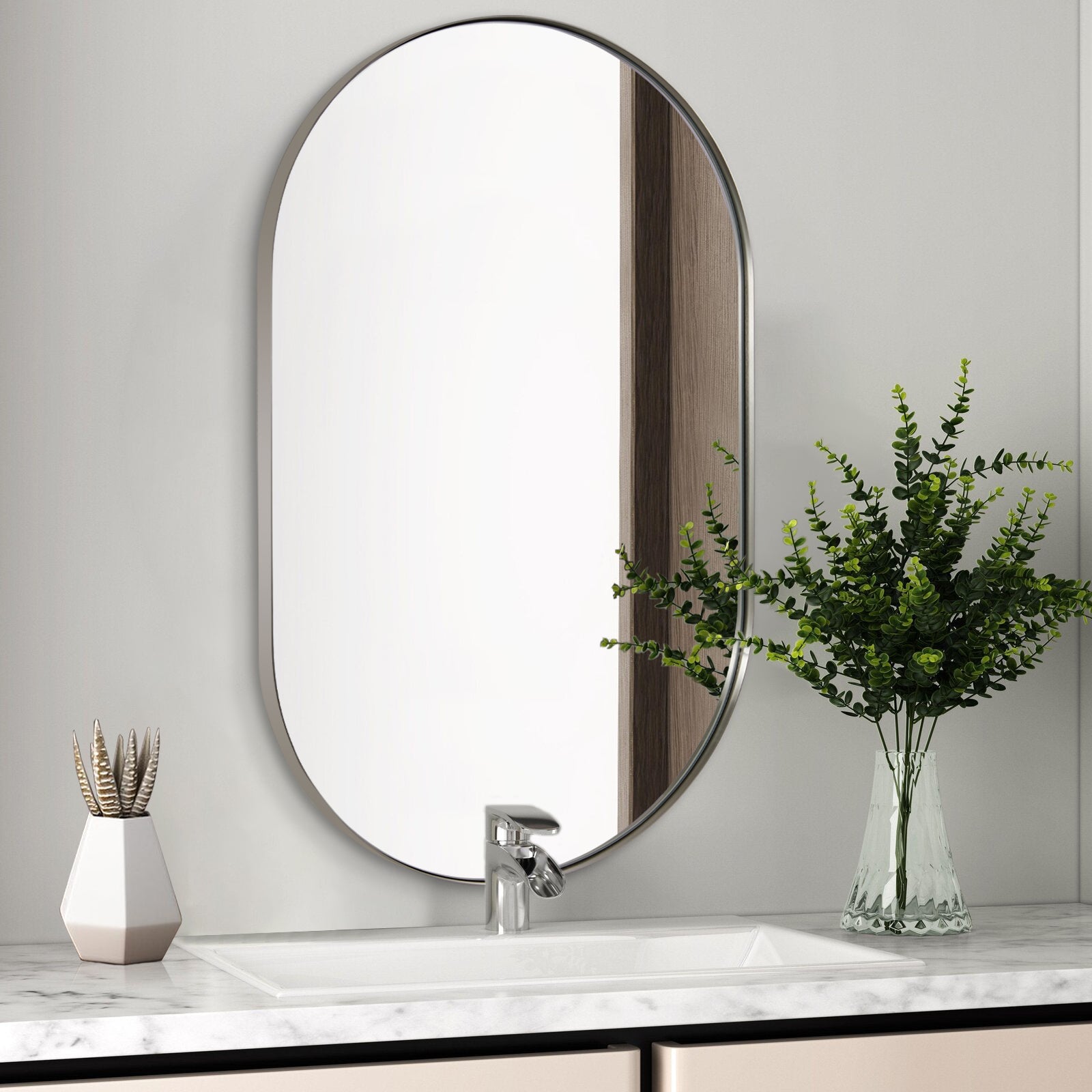 Modern Pill Shaped Capsule Wall Mirrors Long Oval Bathroom Vanity Mirror | Stainless Steel Frame