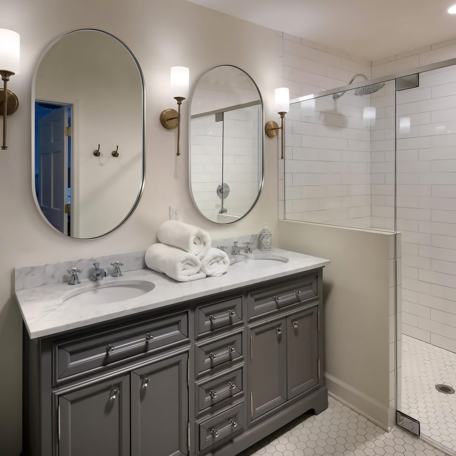 Modern Pill Shaped Capsule Wall Mirrors Long Oval Bathroom Vanity Mirror | Stainless Steel Frame