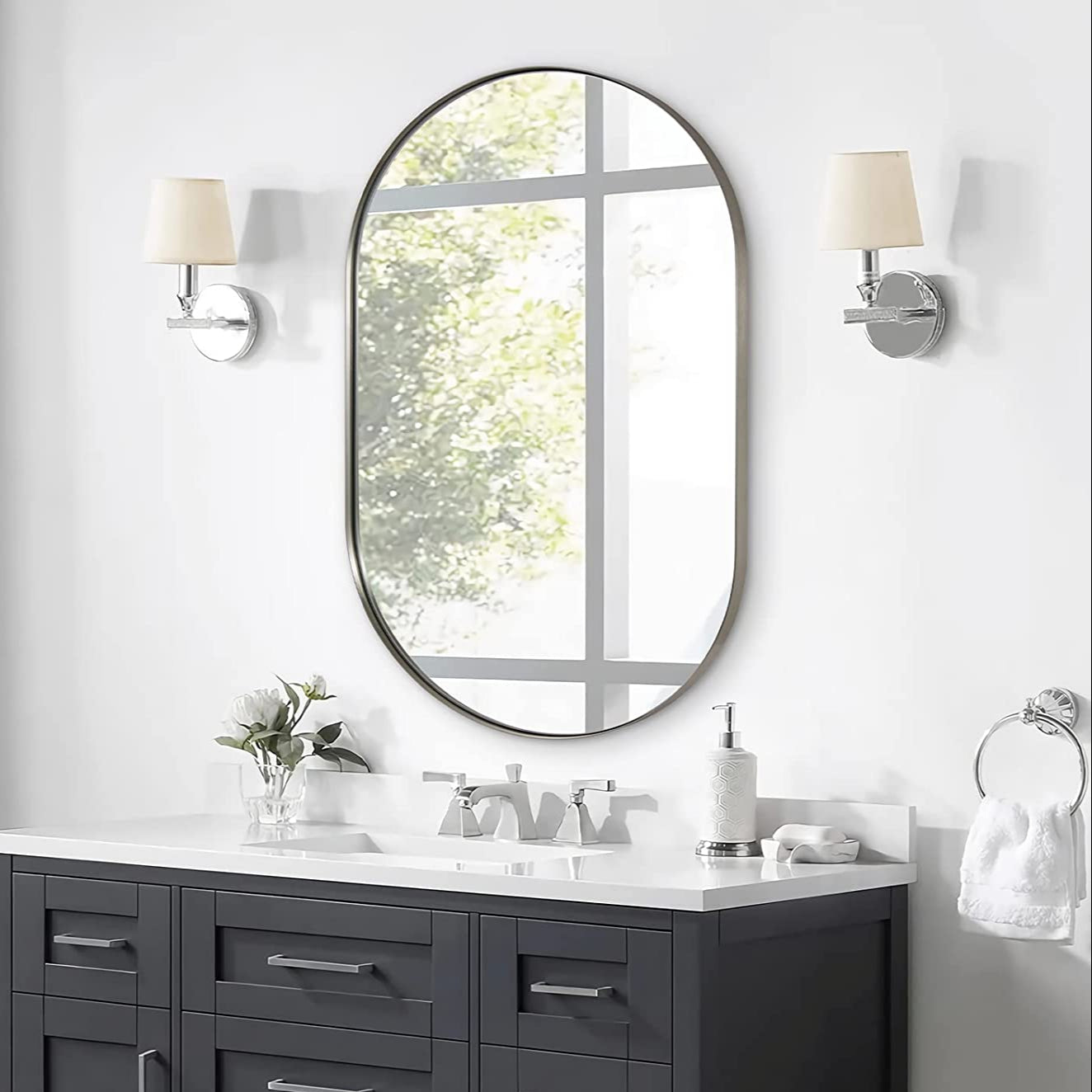 Modern Pill Shaped Capsule Wall Mirrors Long Oval Bathroom Vanity Mirror | Stainless Steel Frame