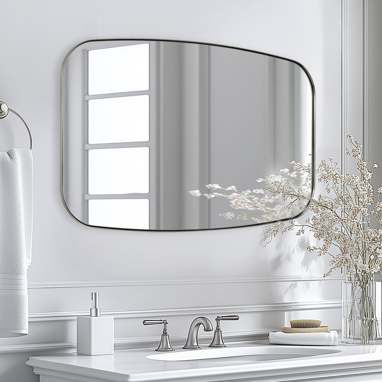 Modern Oblong Bathroom Mirror Long Oval Mirror | Stainless Steel Frame