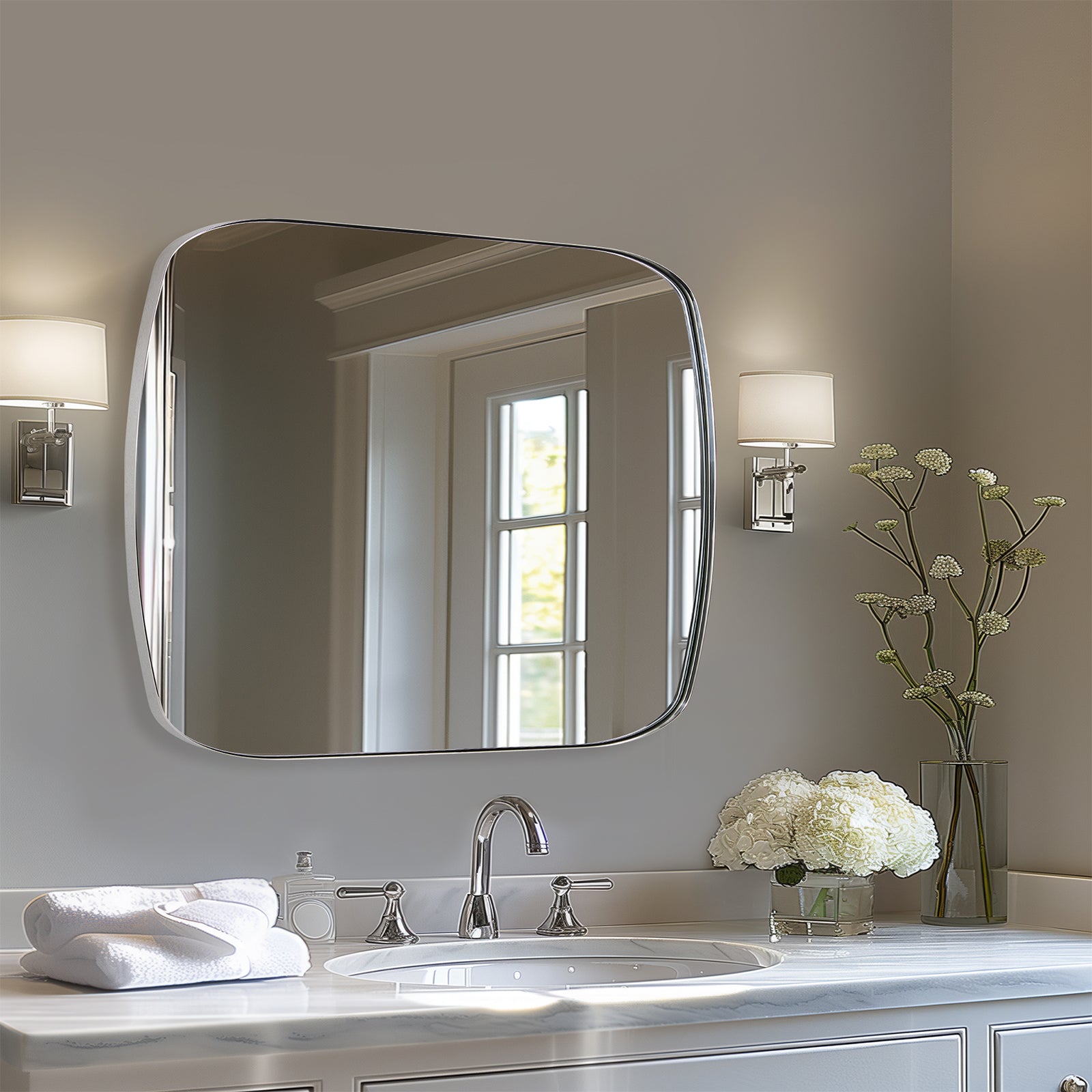 Modern Oblong Bathroom Mirror Long Oval Mirror | Stainless Steel Frame