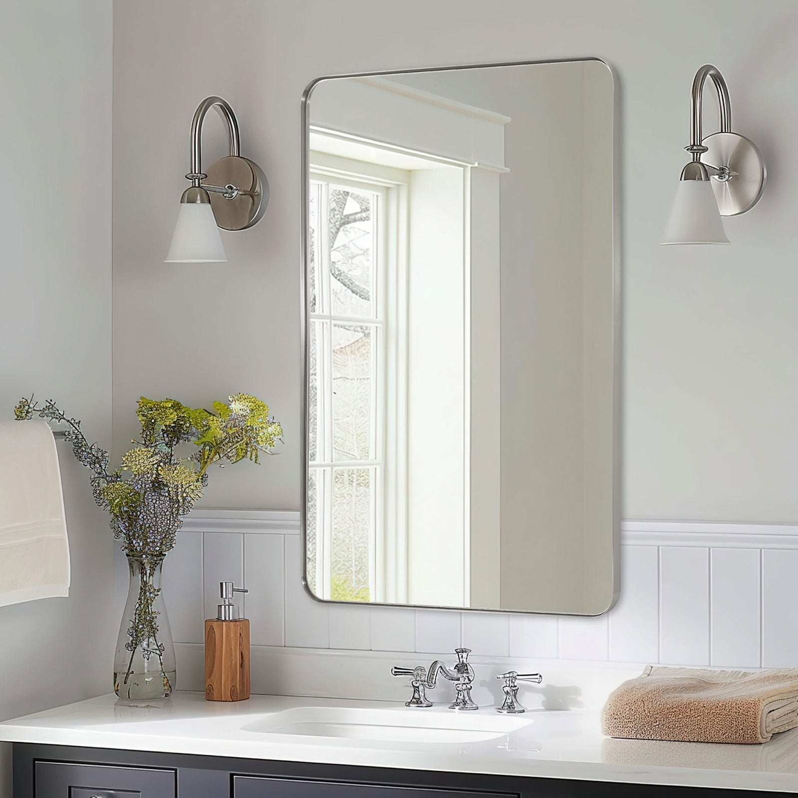 Open Box Like New : Modern Rounded Rectangle Mirror for Bathroom/ Vanity/ Wall | Stainless Steel Frame