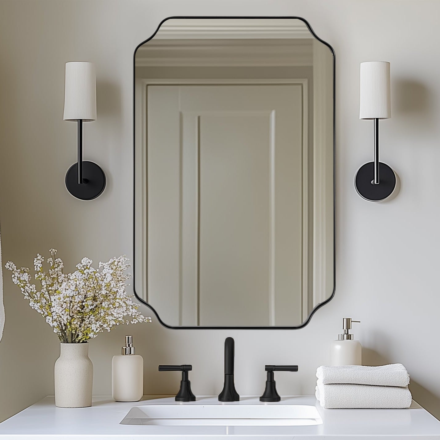 Open Box Like New:Notched Corner Irregular Scalloped Rectangle Mirrors | Stainless Steel Frame