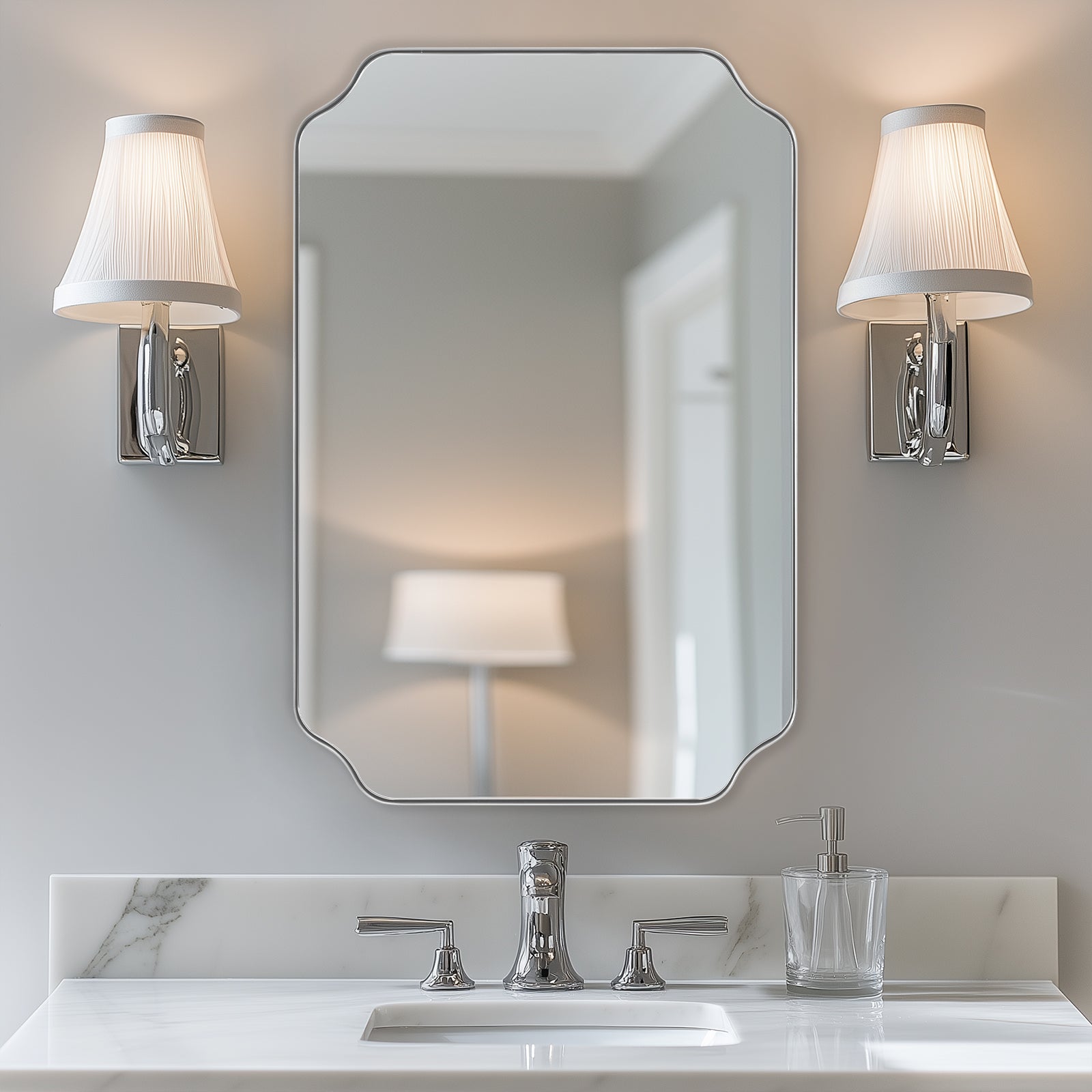 Contemporary Notched Corner Rectangle Scalloped Mirror for Wall /Bathroom | Stainless Steel Frame