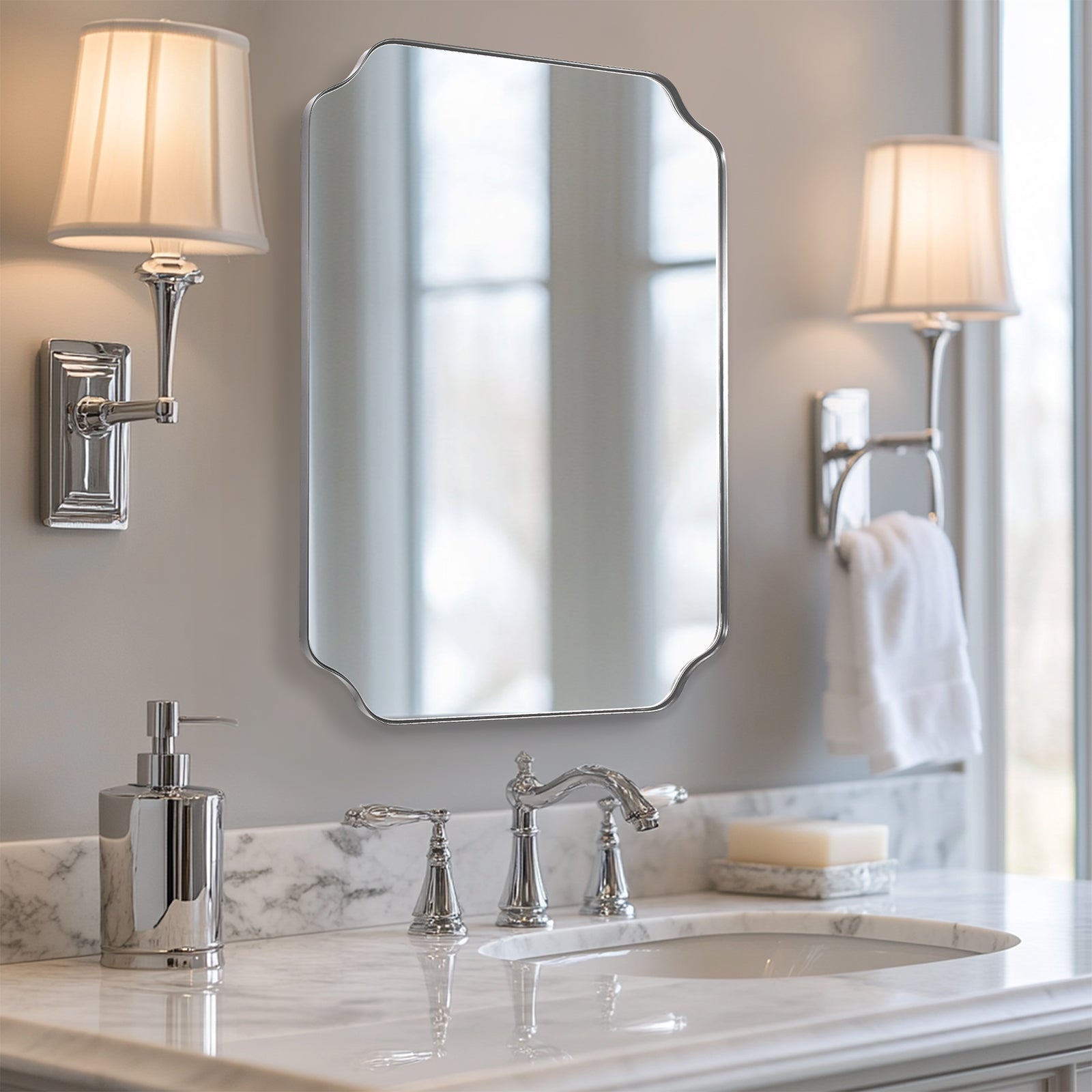 Contemporary Rounded Notched Corner Irregular Scalloped Mirror for Wall /Bathroom | Stainless Steel Frame