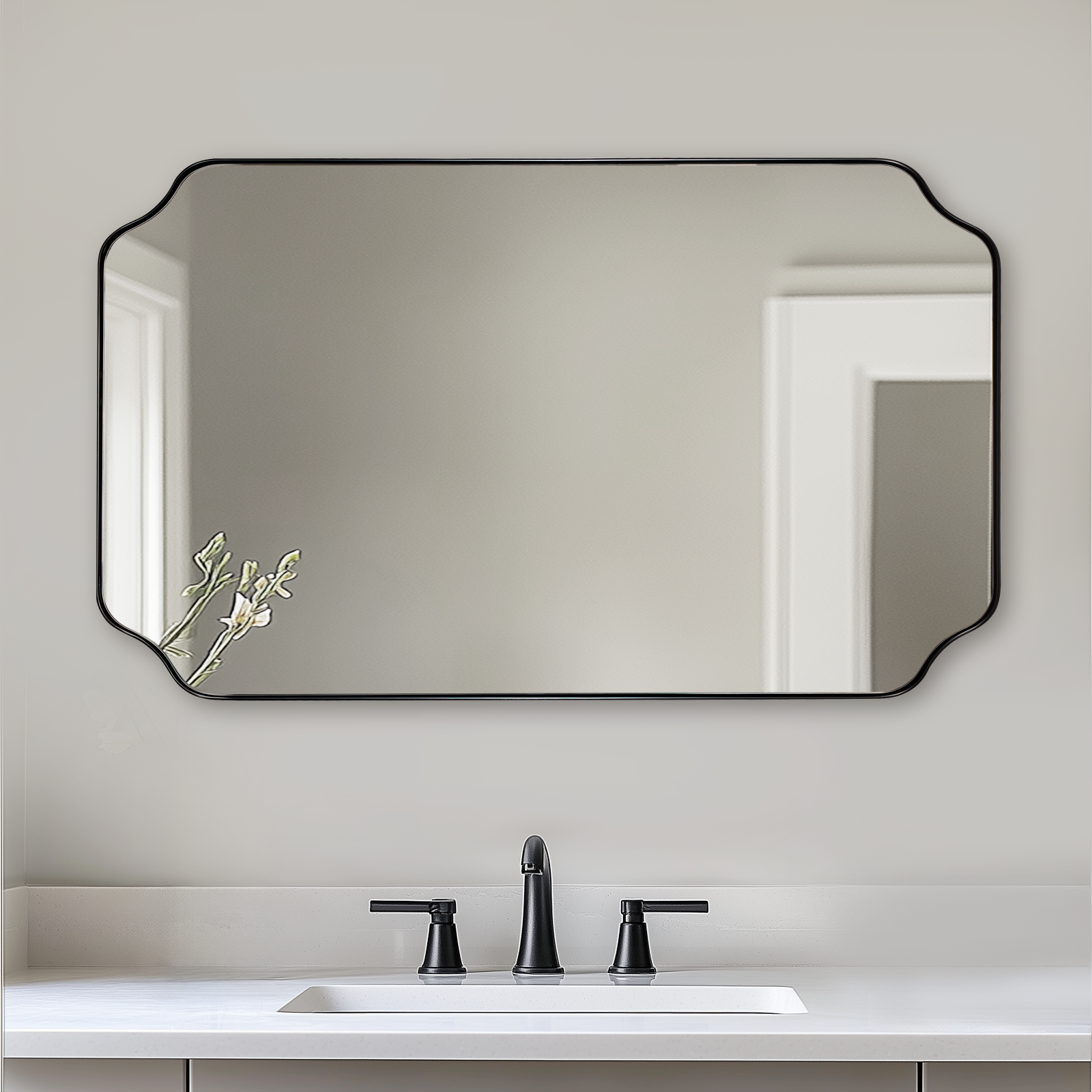 Contemporary Rounded Notched Corner Irregular Scalloped Mirror for Wall /Bathroom | Stainless Steel Frame