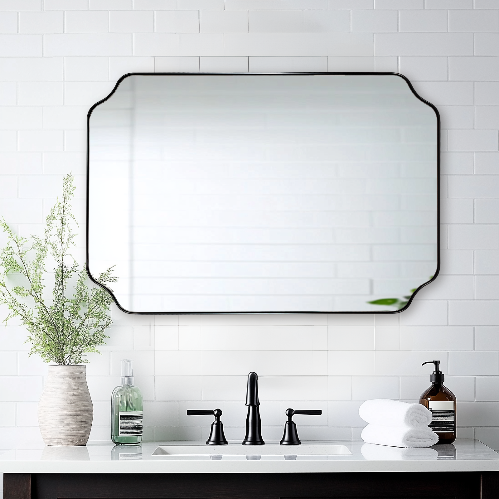 Contemporary Notched Corner Rectangle Scalloped Mirror for Wall /Bathroom | Stainless Steel Frame