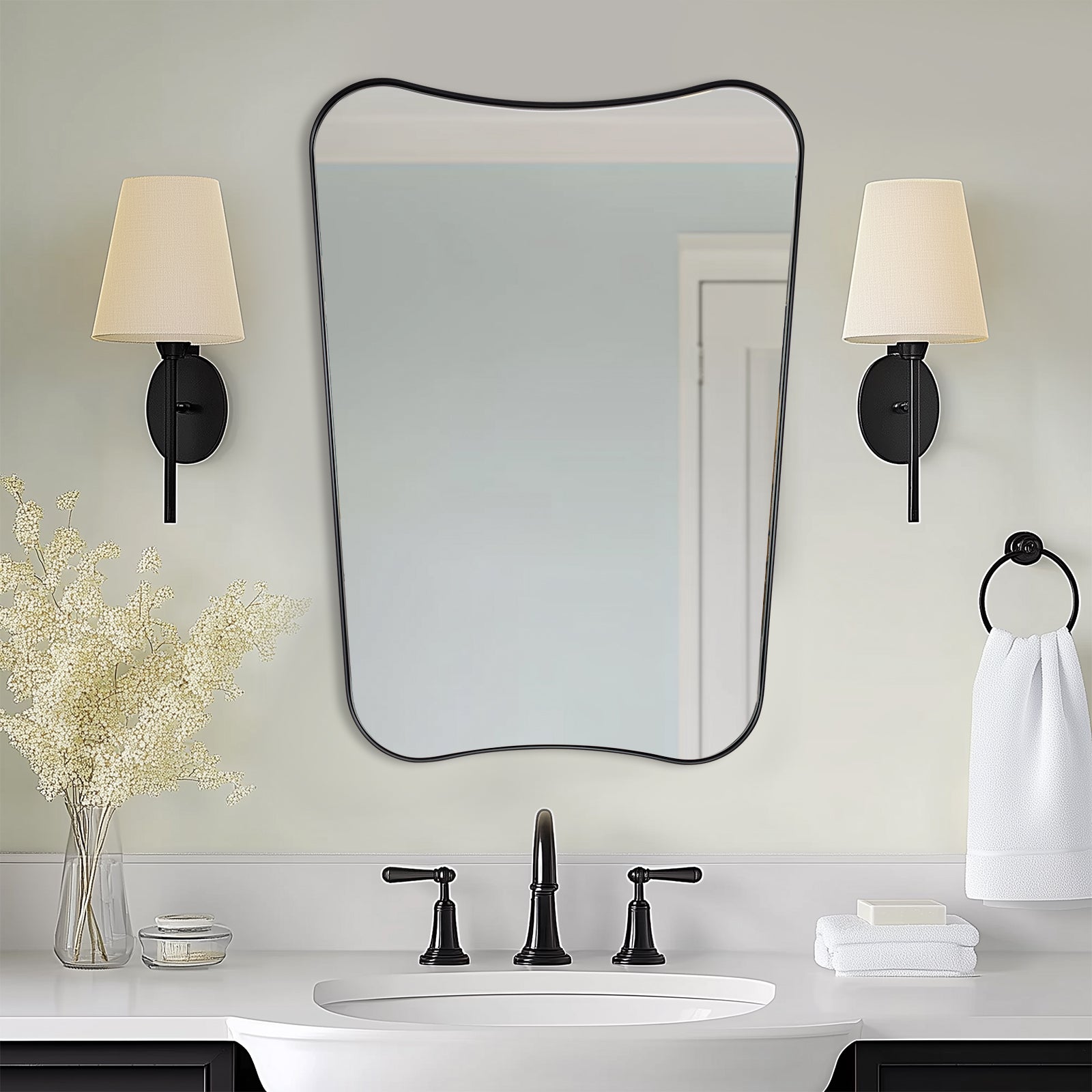 Antique Concave Top Rectangle Scalloped Decor Bathroom Mirror |Stainless Steel Frame