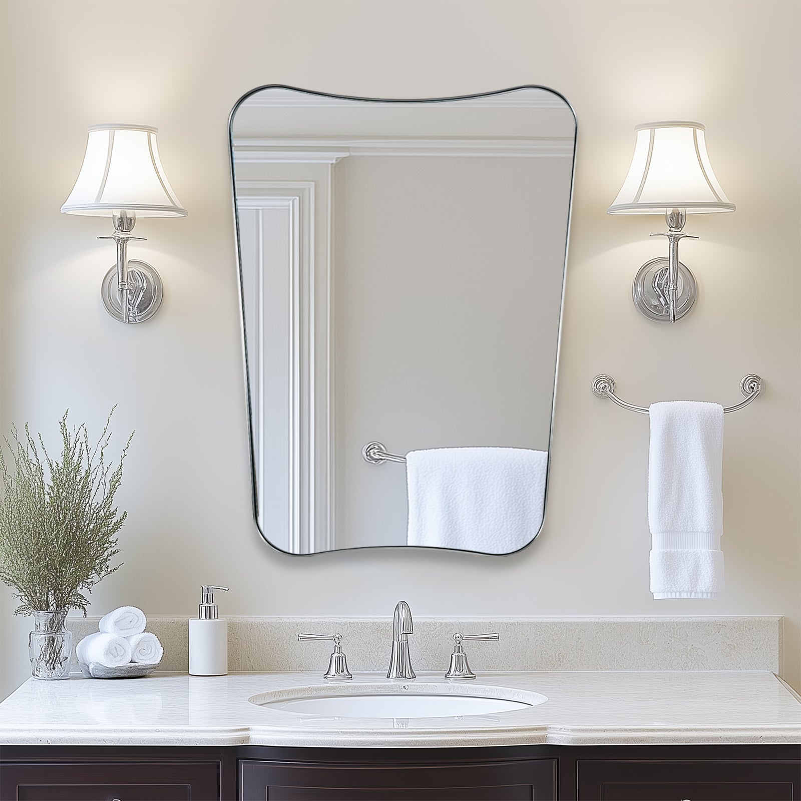 Antique Concave Top Rectangle Scalloped Decor Bathroom Mirror |Stainless Steel Frame