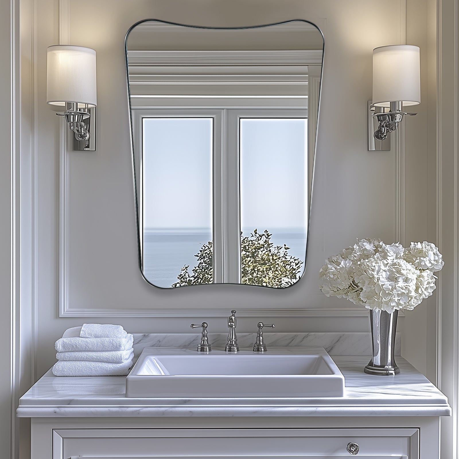 Antique Concave Top Rectangle Scalloped Decor Bathroom Mirror |Stainless Steel Frame