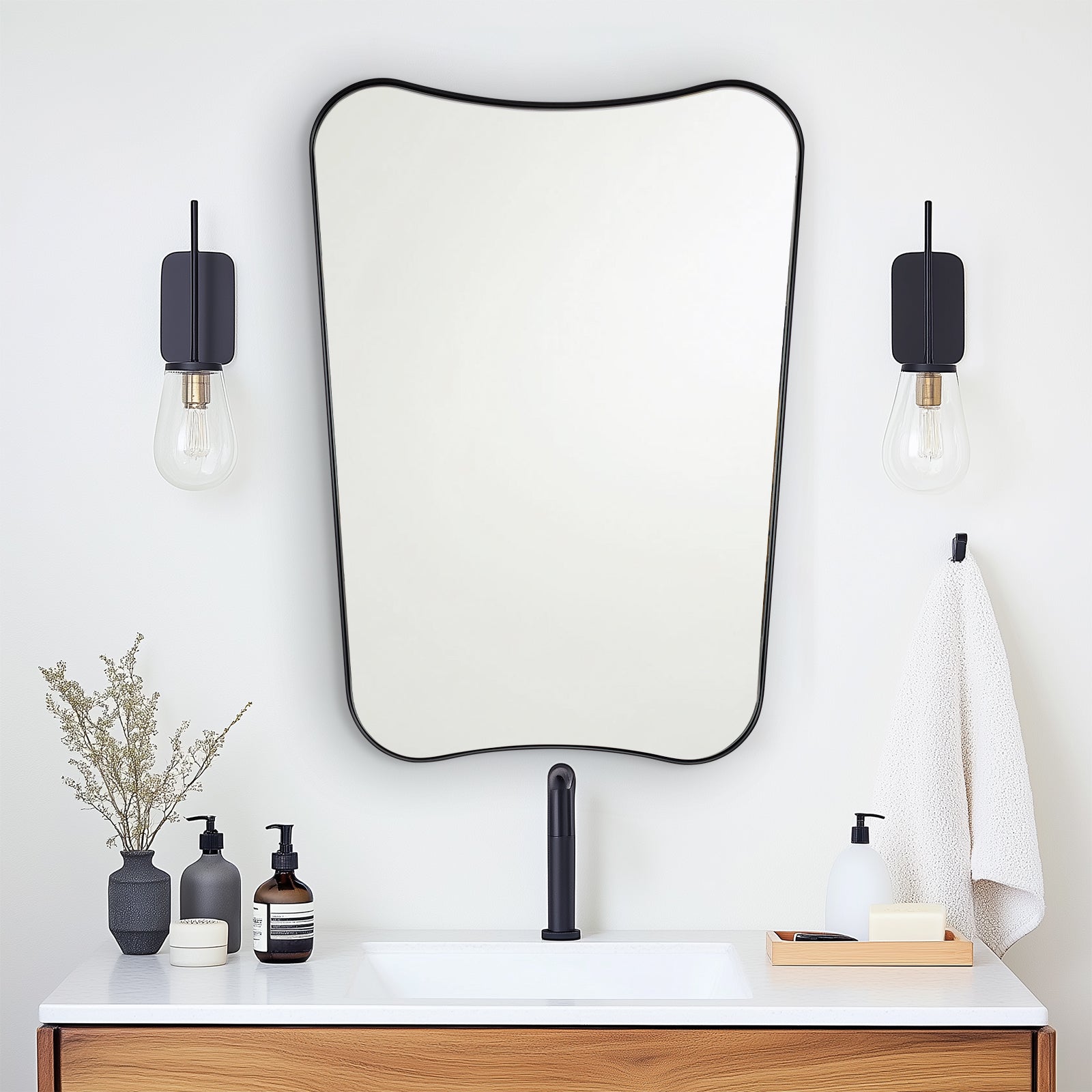 Antique Concave Top Rectangle Scalloped Decor Bathroom Mirror |Stainless Steel Frame