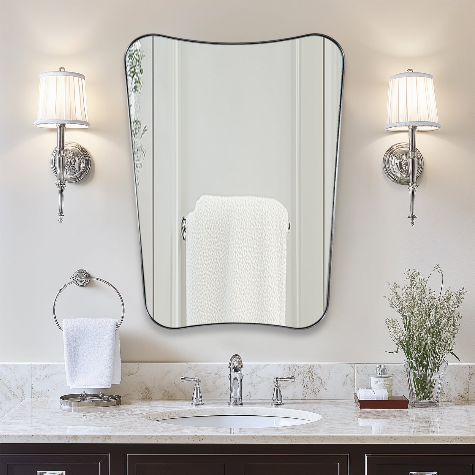 Modern Concave Top Rectangle Irregular Scalloped Bathroom Wall Mirror |Stainless Steel Frame