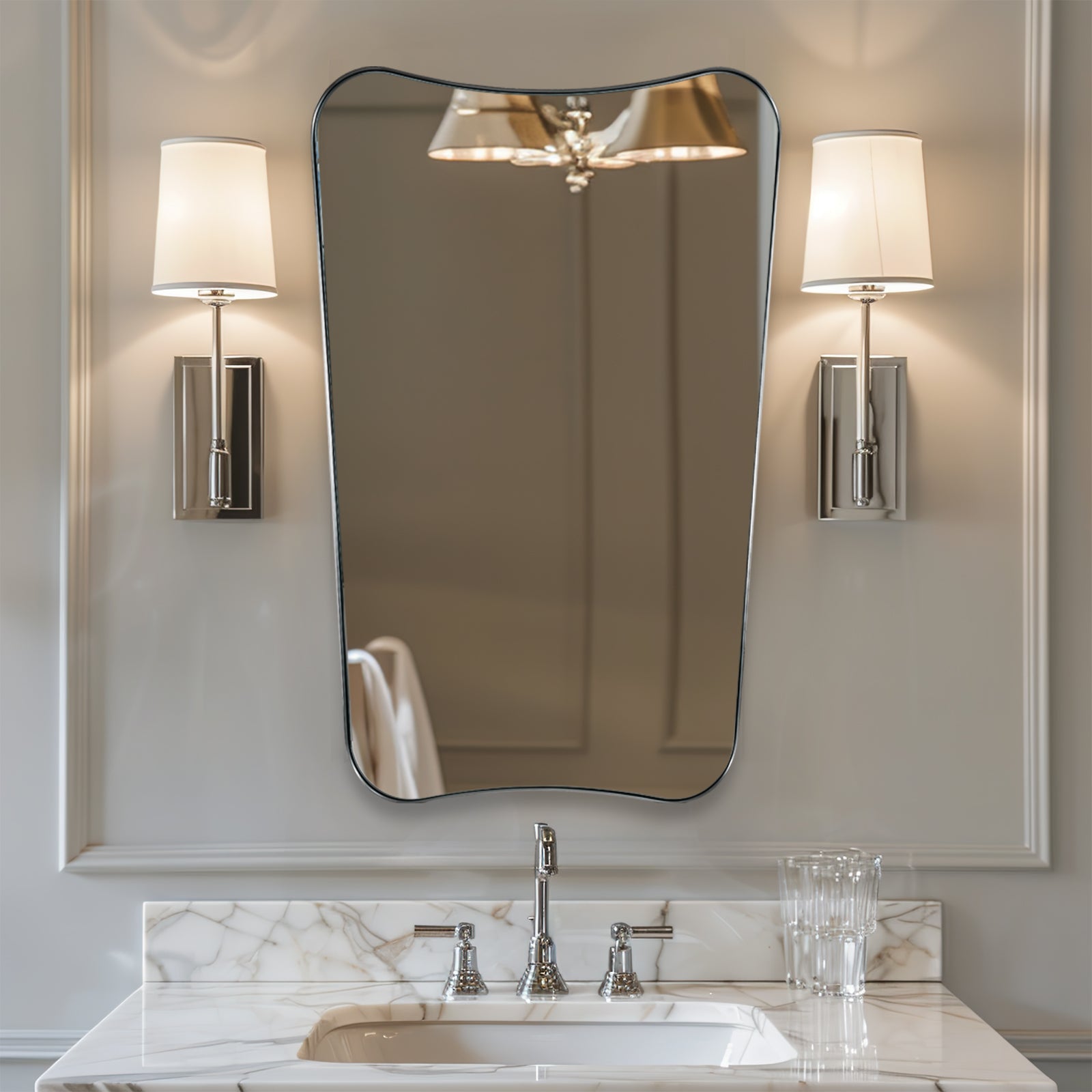 Antique Concave Top Rectangle Scalloped Decor Bathroom Mirror |Stainless Steel Frame