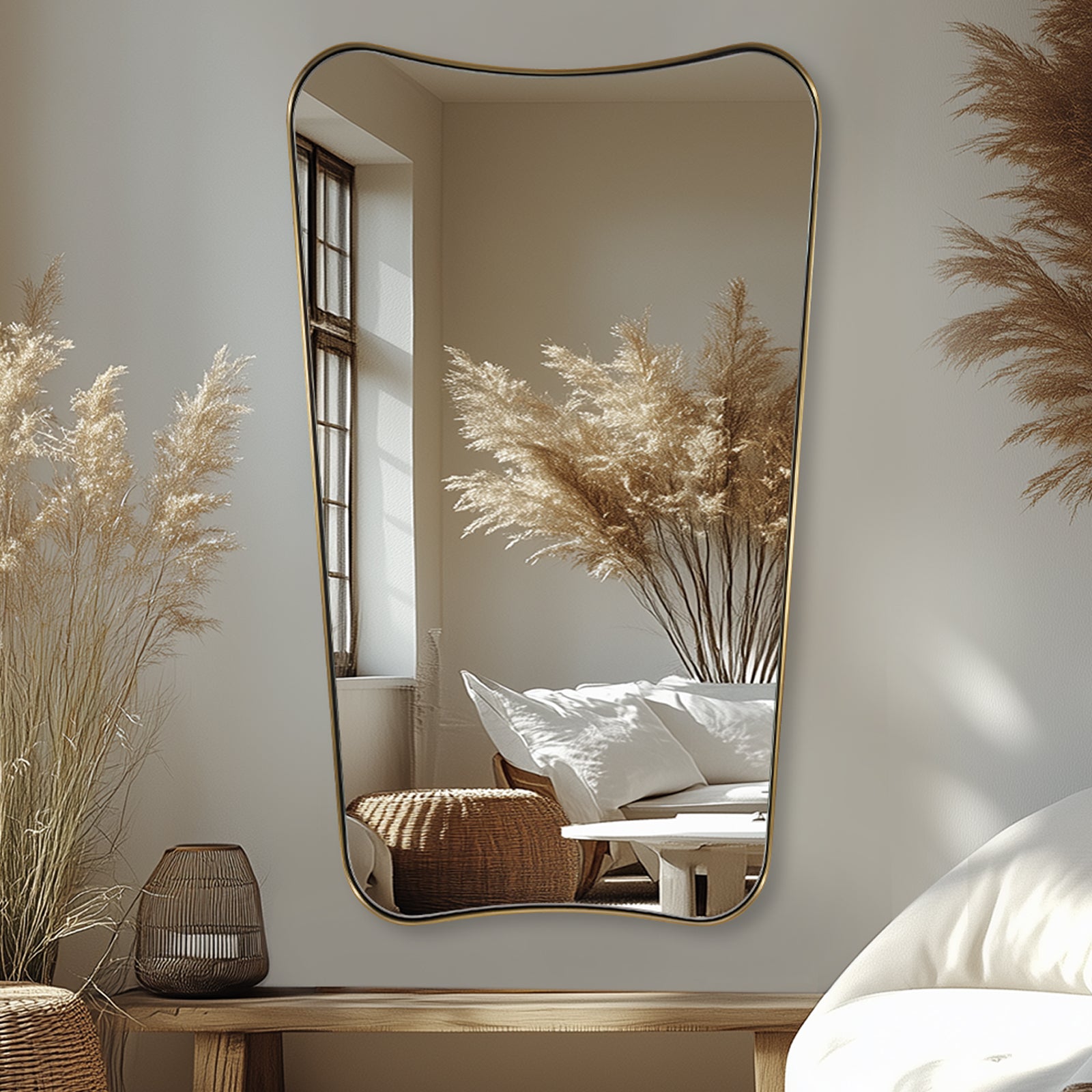 Antique Concave Top Rectangle Scalloped Decor Bathroom Mirror |Stainless Steel Frame