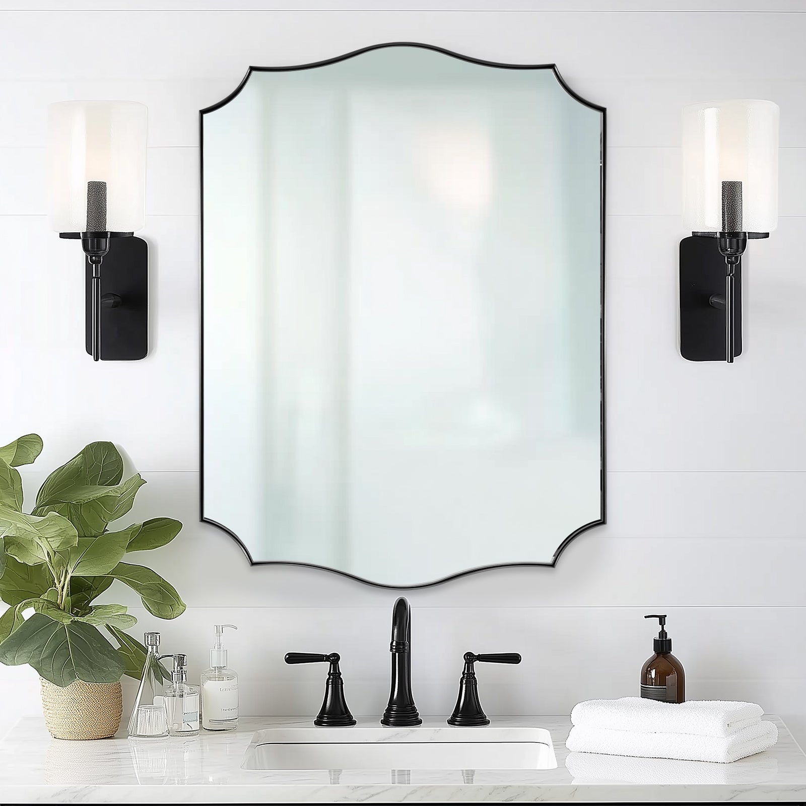 Traditional Rectangle Scalloped Wall Mirror for Bathroom | Stainless Steel Frame