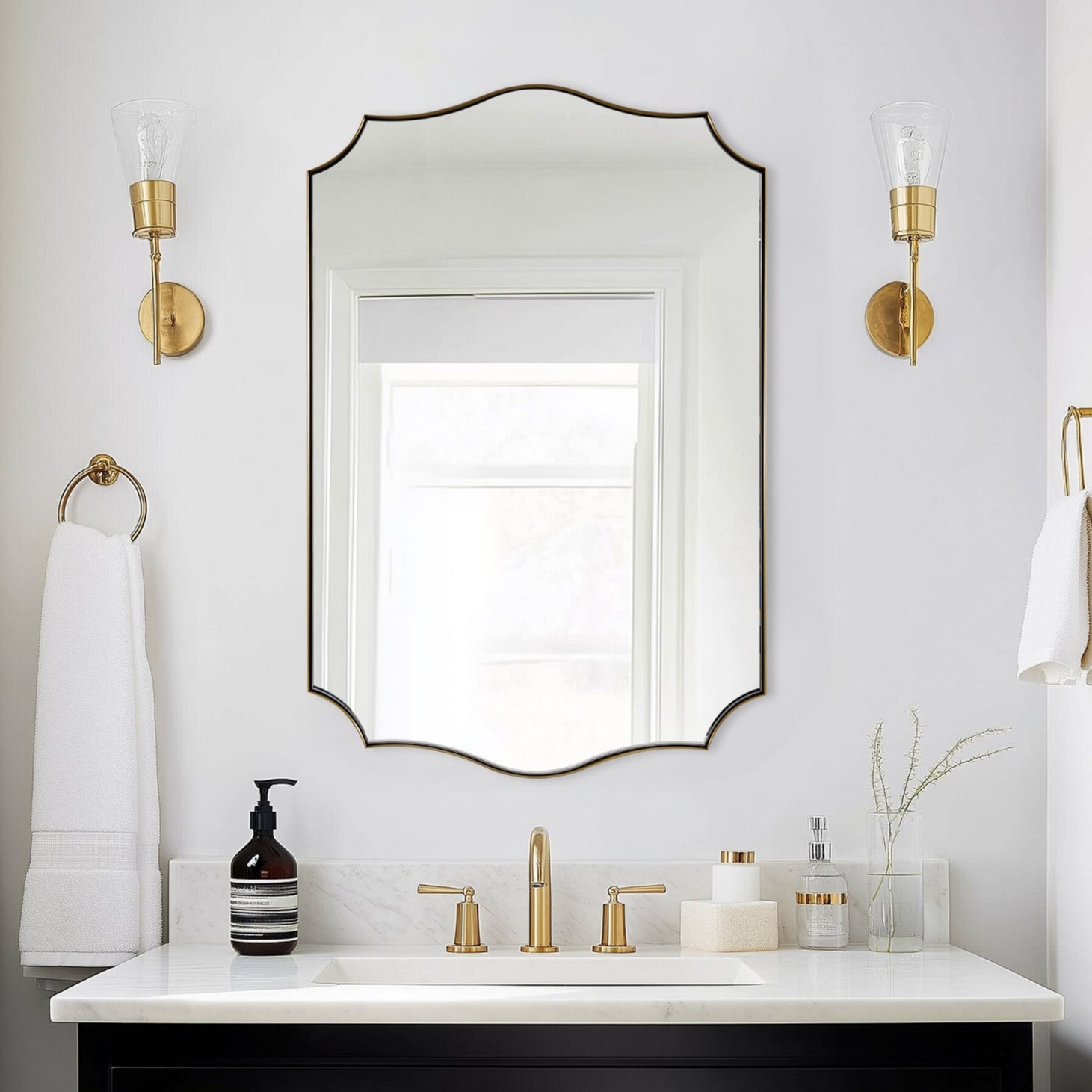 Traditional Rectangle Scalloped Wall Mirror for Bathroom | Stainless Steel Frame