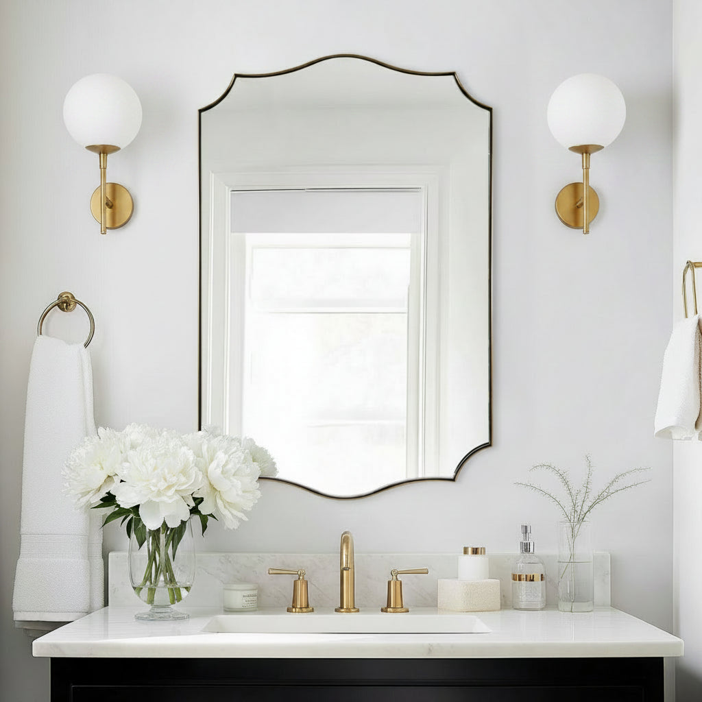 Traditional Rectangle Scalloped Wall Mirror for Bathroom | Stainless Steel Frame