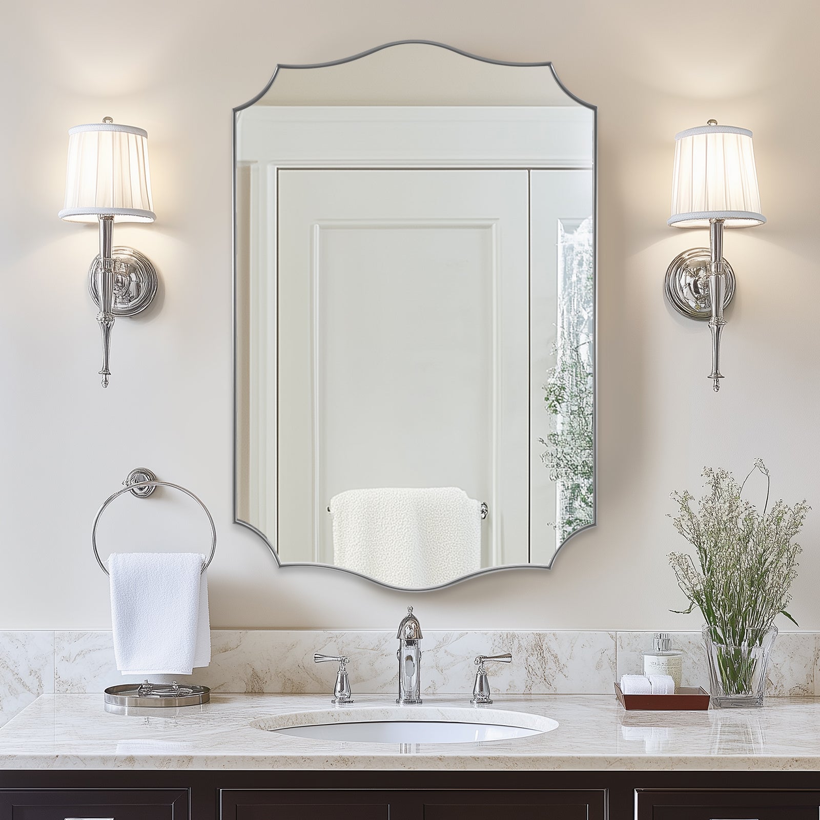 Contemporary Scalloped Rectangle Wall Mirror | Stainless Steel Frame