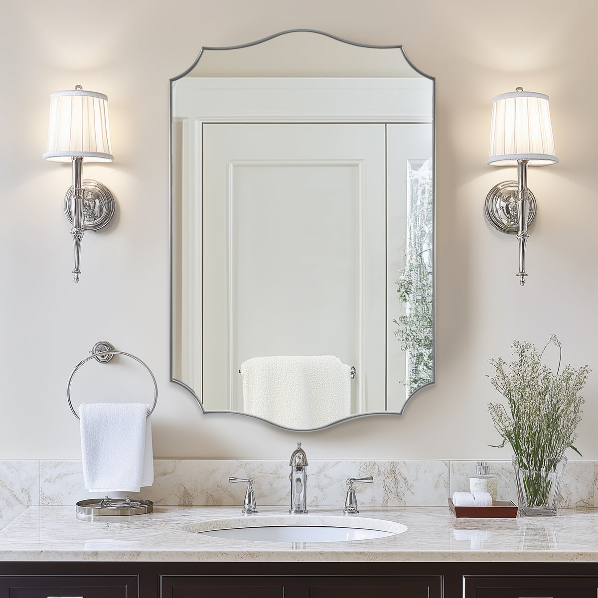 Open Box Like New: Traditional Rectangle Scalloped Bathroom Wall Mirror