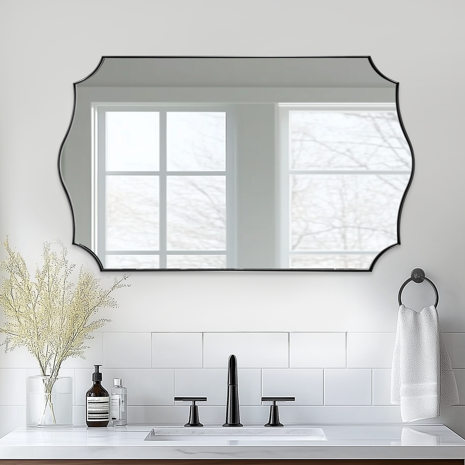 Traditional Rectangle Scalloped Wall Mirror for Bathroom | Stainless Steel Frame