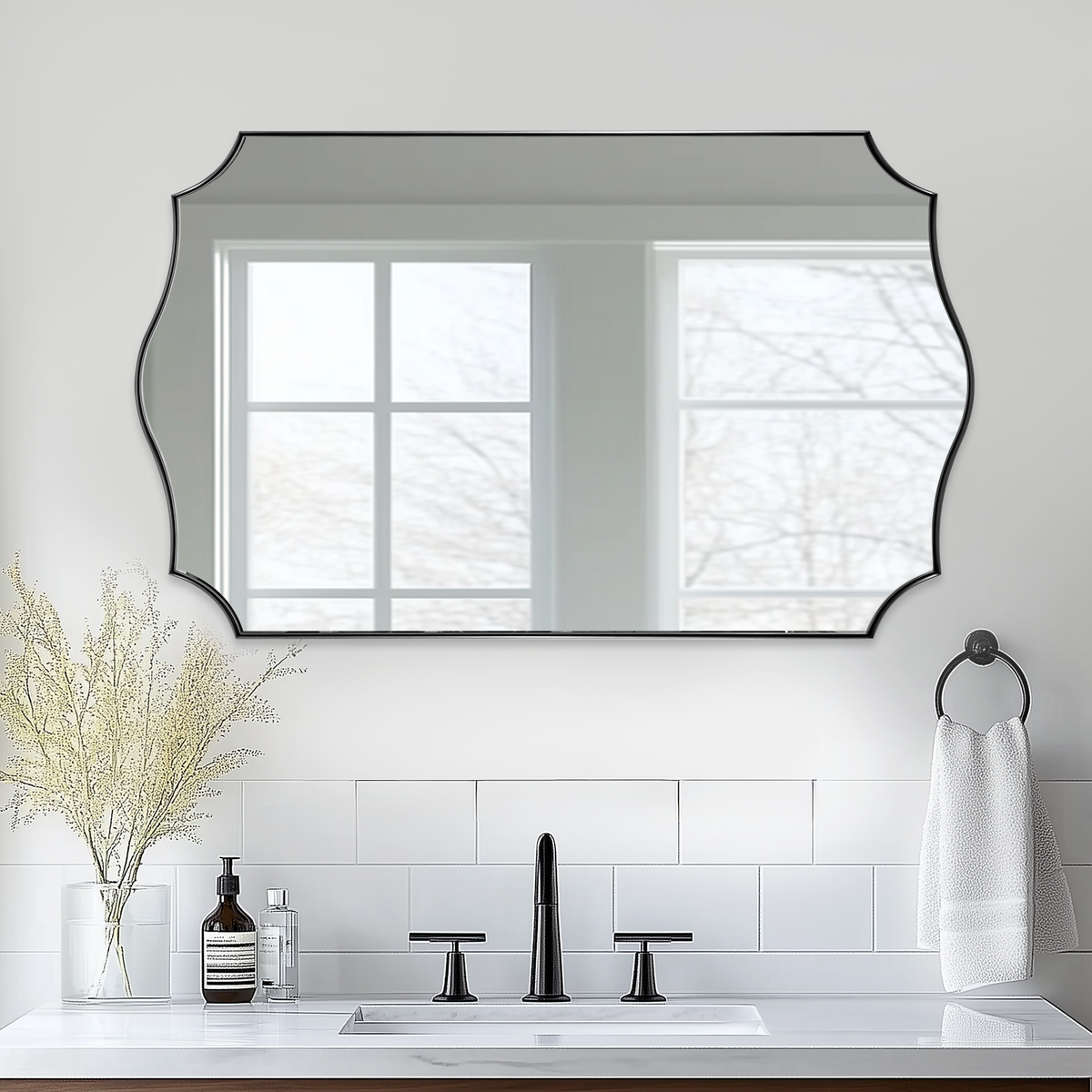 Contemporary Wavy Edge Scalloped Corner Rectangular Bathroom Vanity Mirror | Stainless Steel Frame