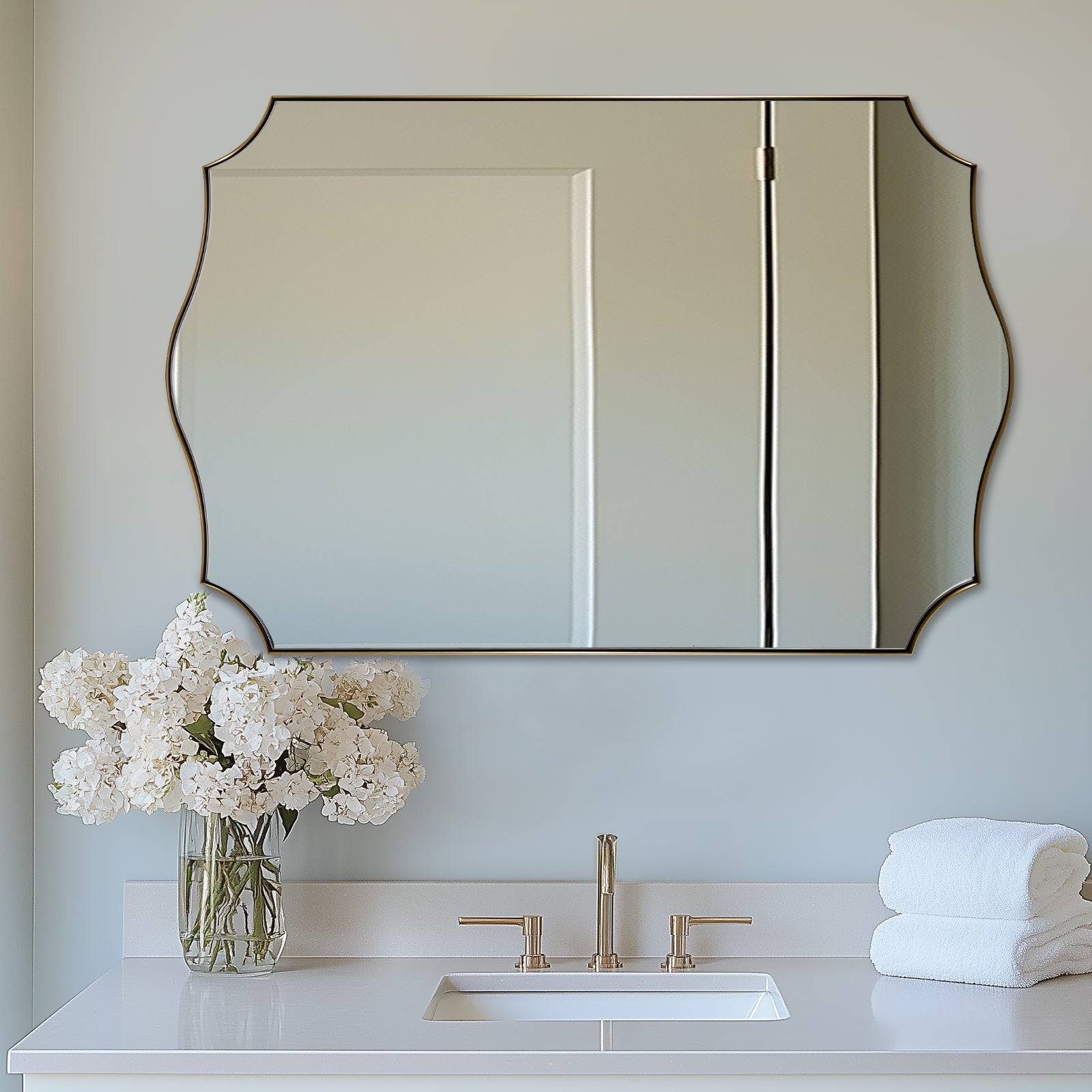 Traditional Rectangle Scalloped Wall Mirror for Bathroom | Stainless Steel Frame