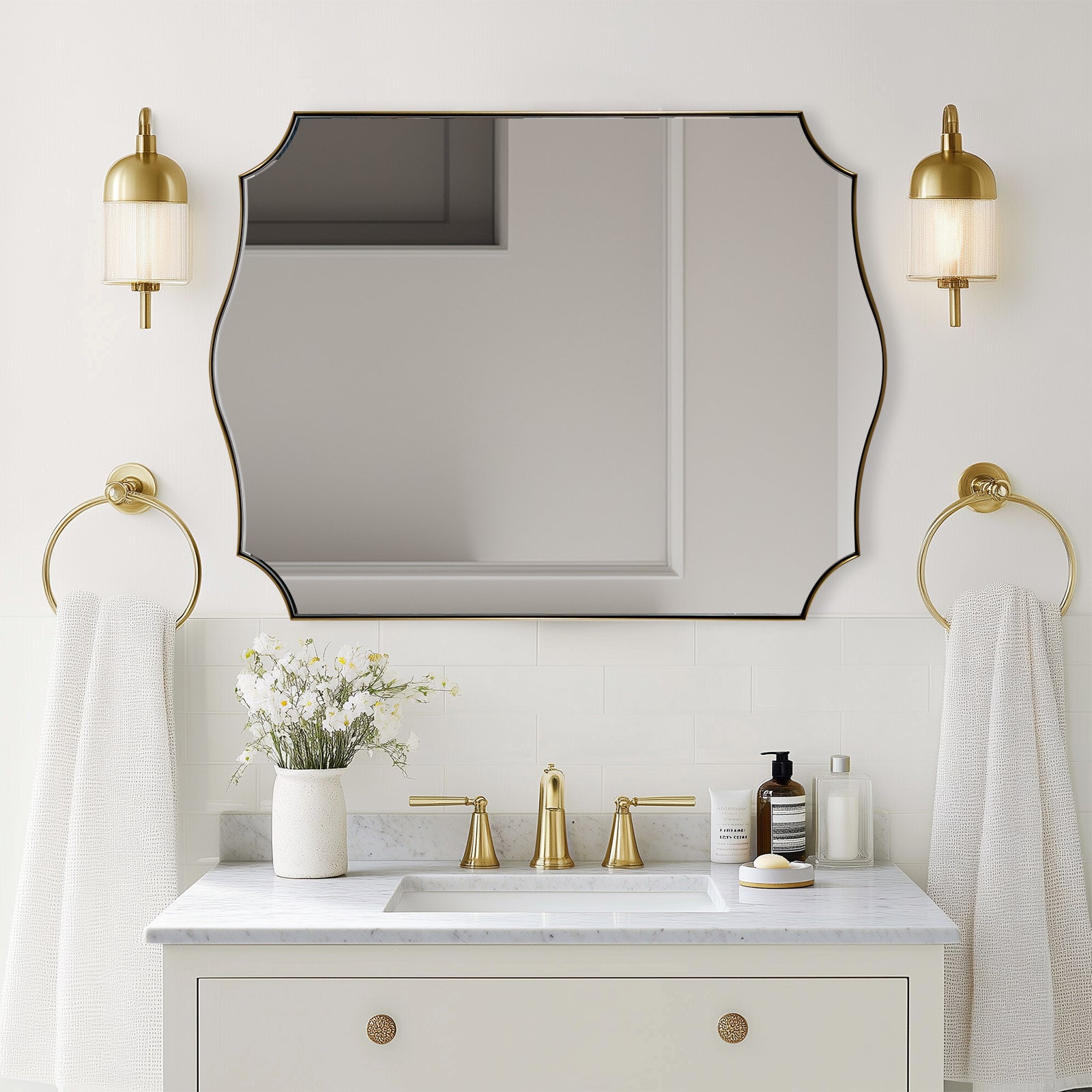 Traditional Rectangle Scalloped Wall Mirror for Bathroom | Stainless Steel Frame