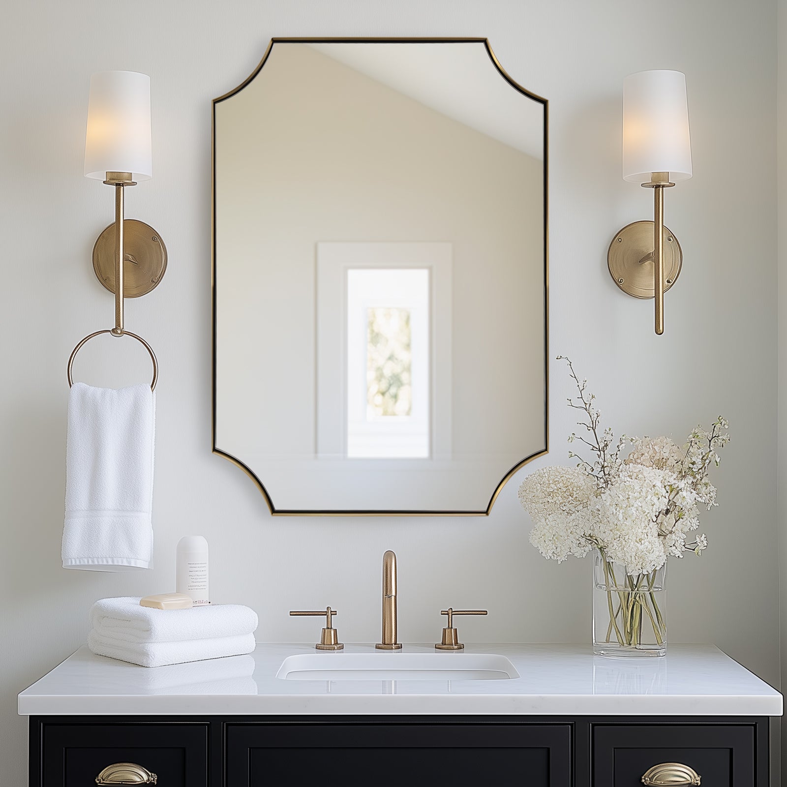 Contemporary Notched Corner Scalloped Rectangle Bathroom Vanity Mirror | Stainless Steel Frame