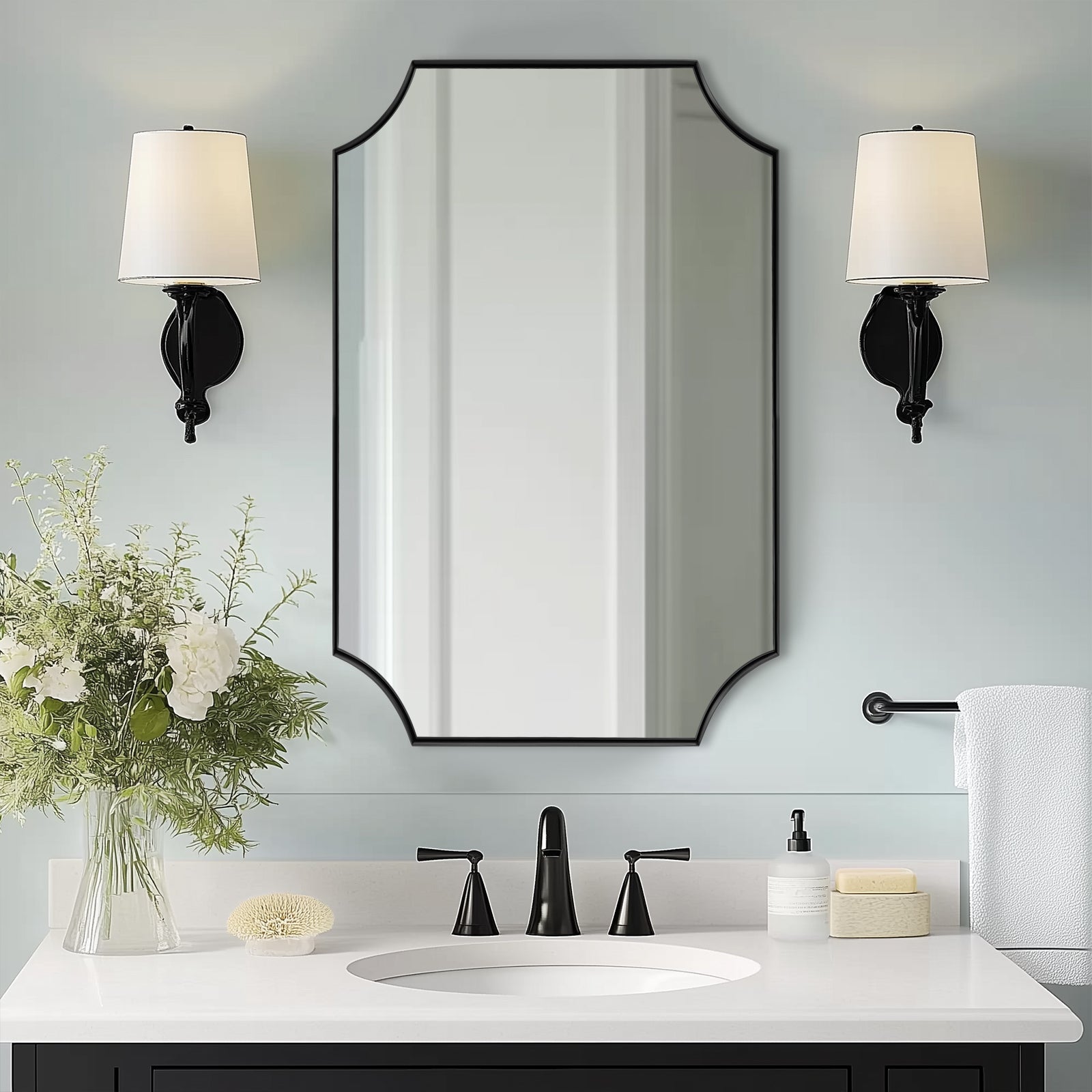 Contemporary Notched Corner Scalloped Rectangle Bathroom Vanity Mirror | Stainless Steel Frame