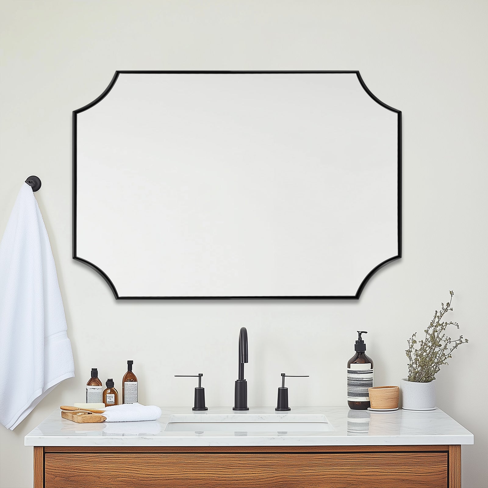 Contemporary Notched Corner Scalloped Rectangle Bathroom Vanity Mirror | Stainless Steel Frame
